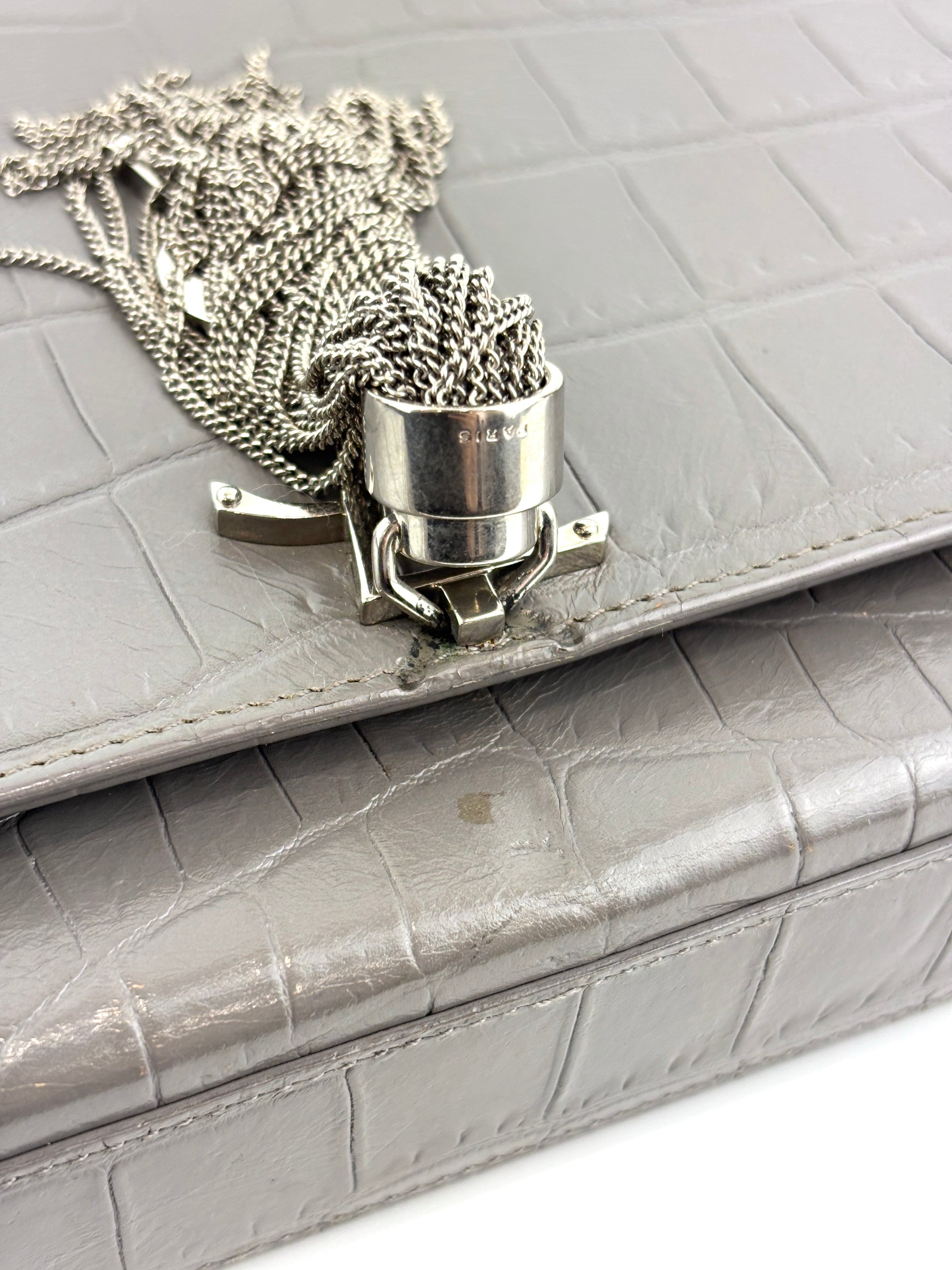 Medium Kate Tassel Grey Croc Embossed SHW