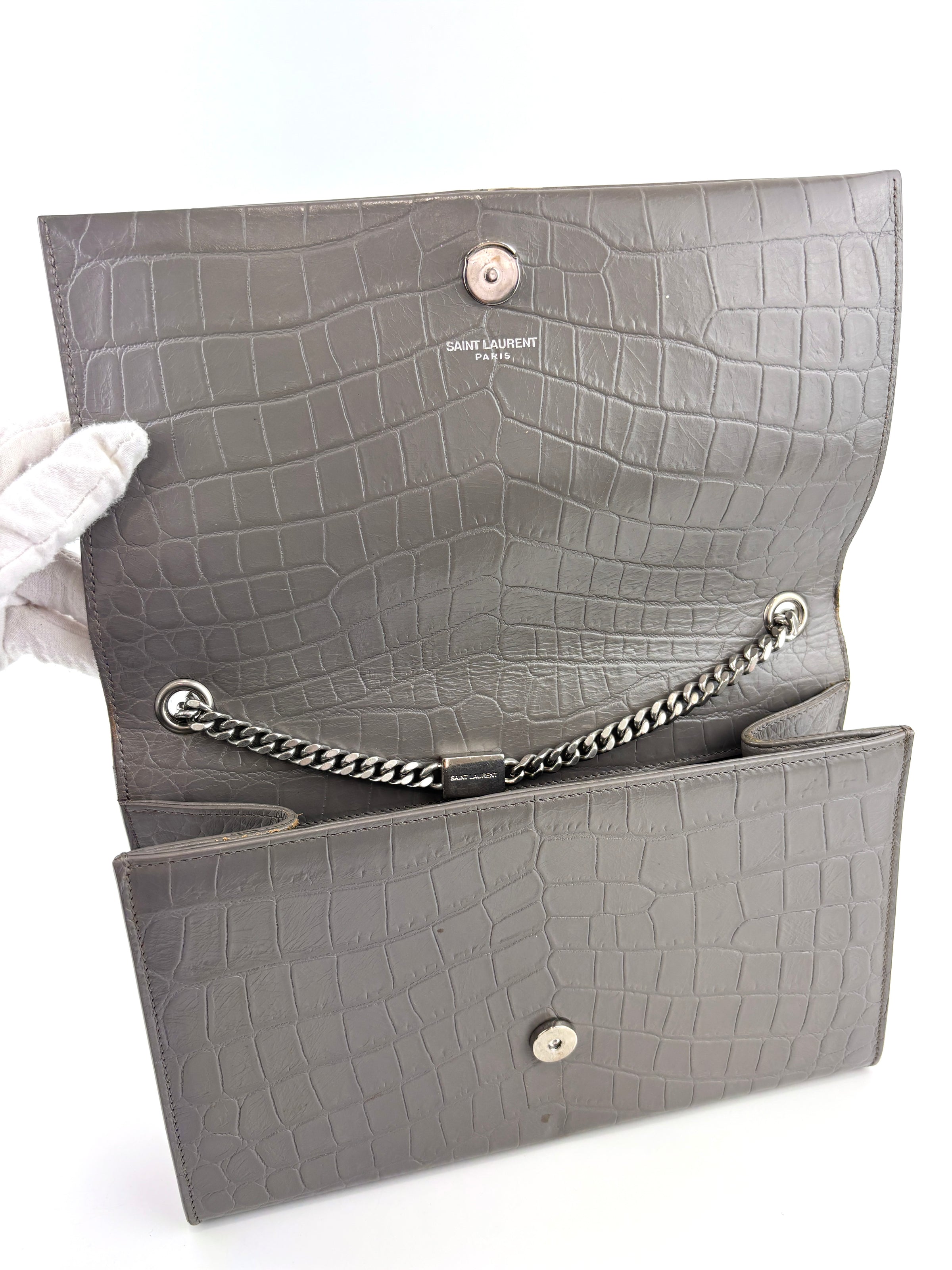 Medium Kate Tassel Grey Croc Embossed SHW