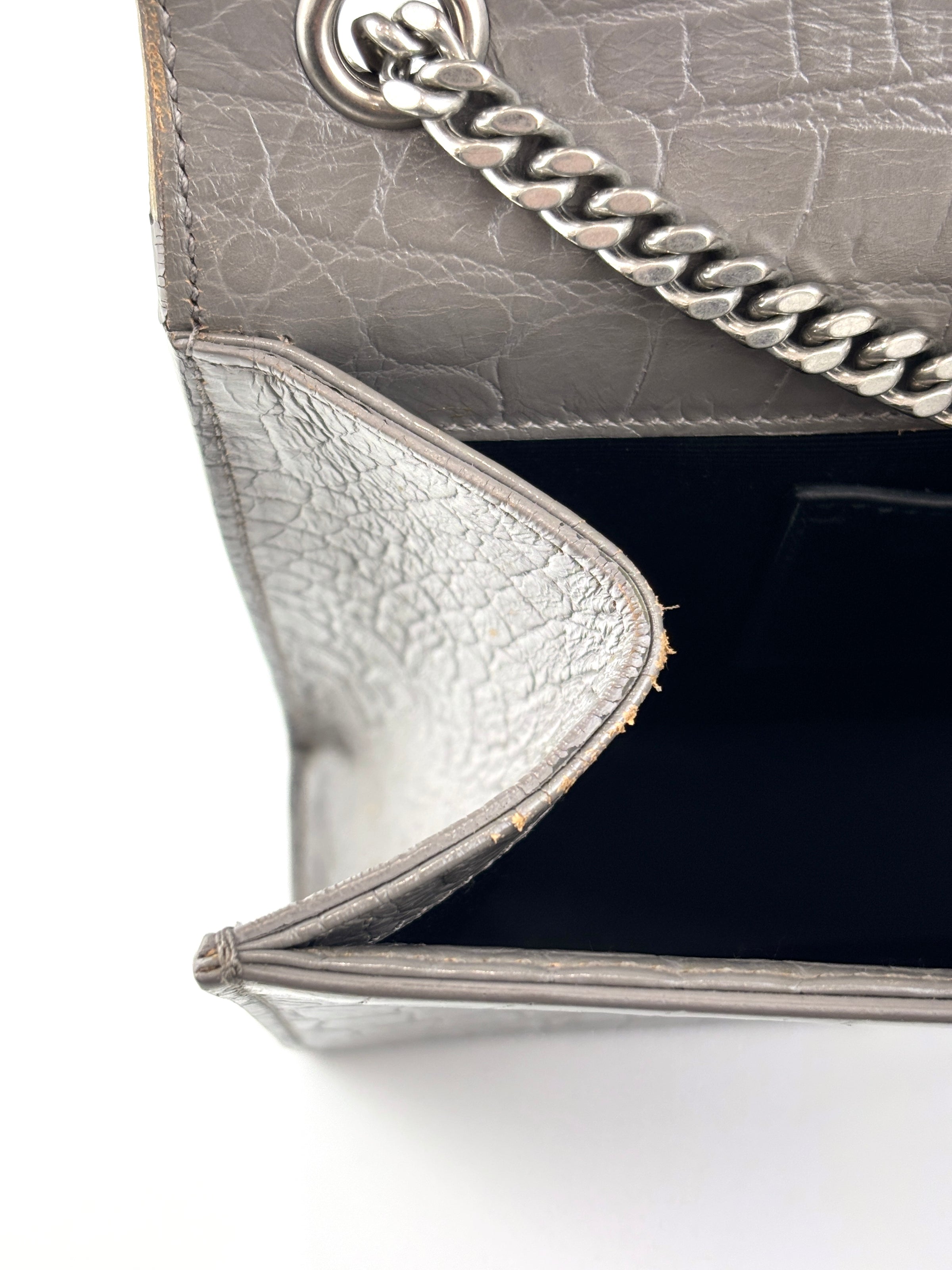 Medium Kate Tassel Grey Croc Embossed SHW