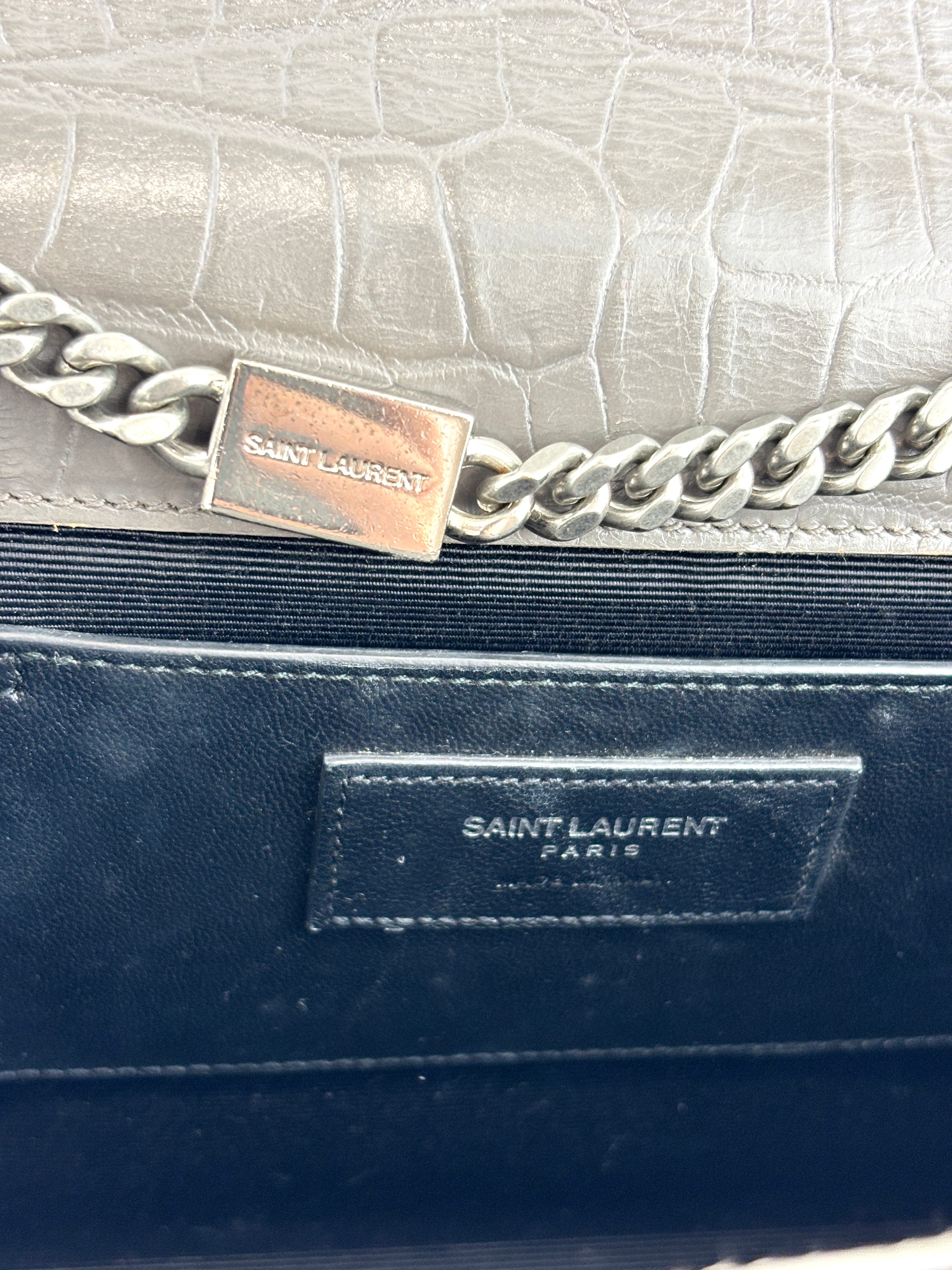 Medium Kate Tassel Grey Croc Embossed SHW