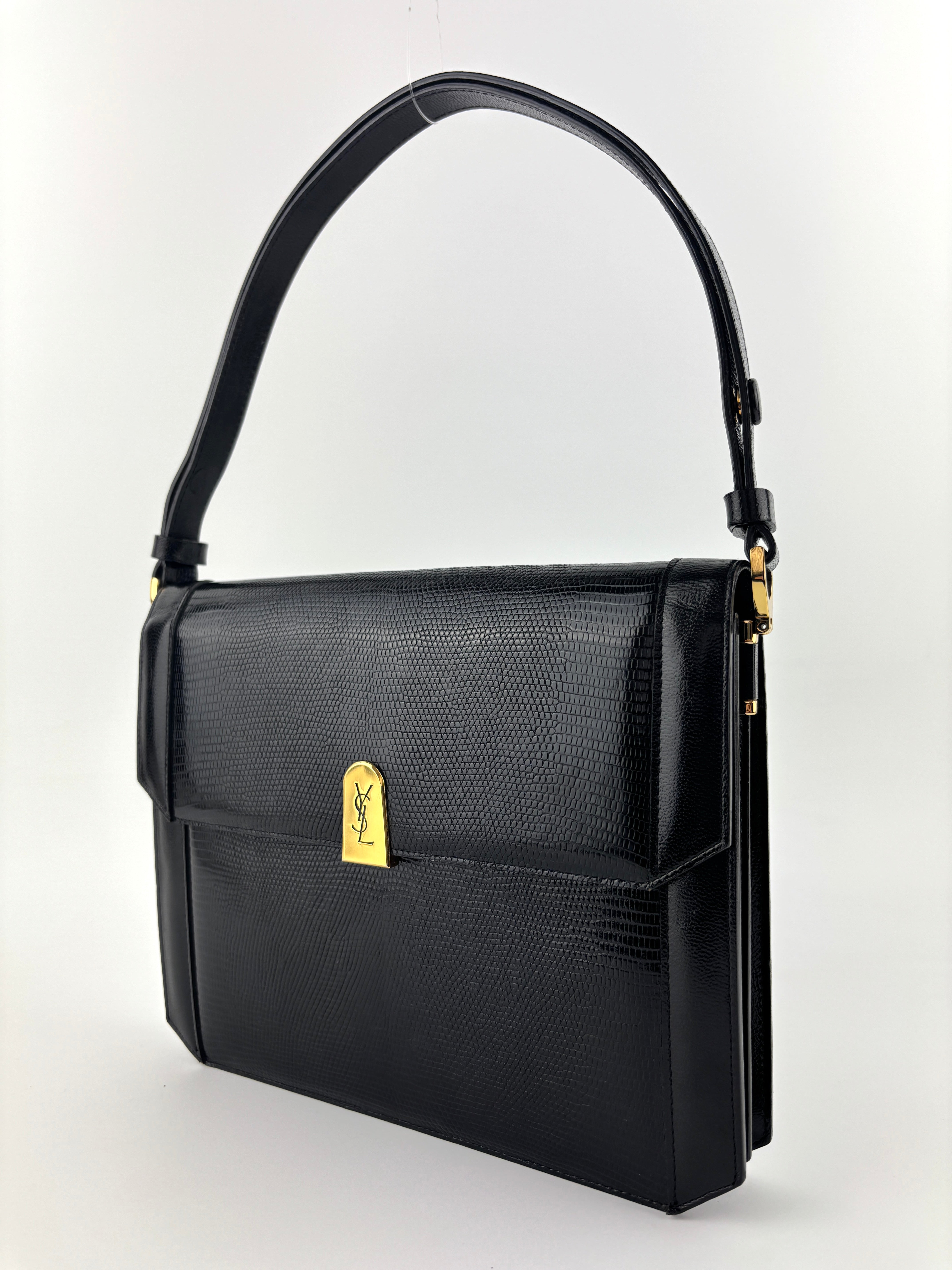 YSL Vintage Embossed Lizard Leather Shoulder Bag Black GHW – Glampot
