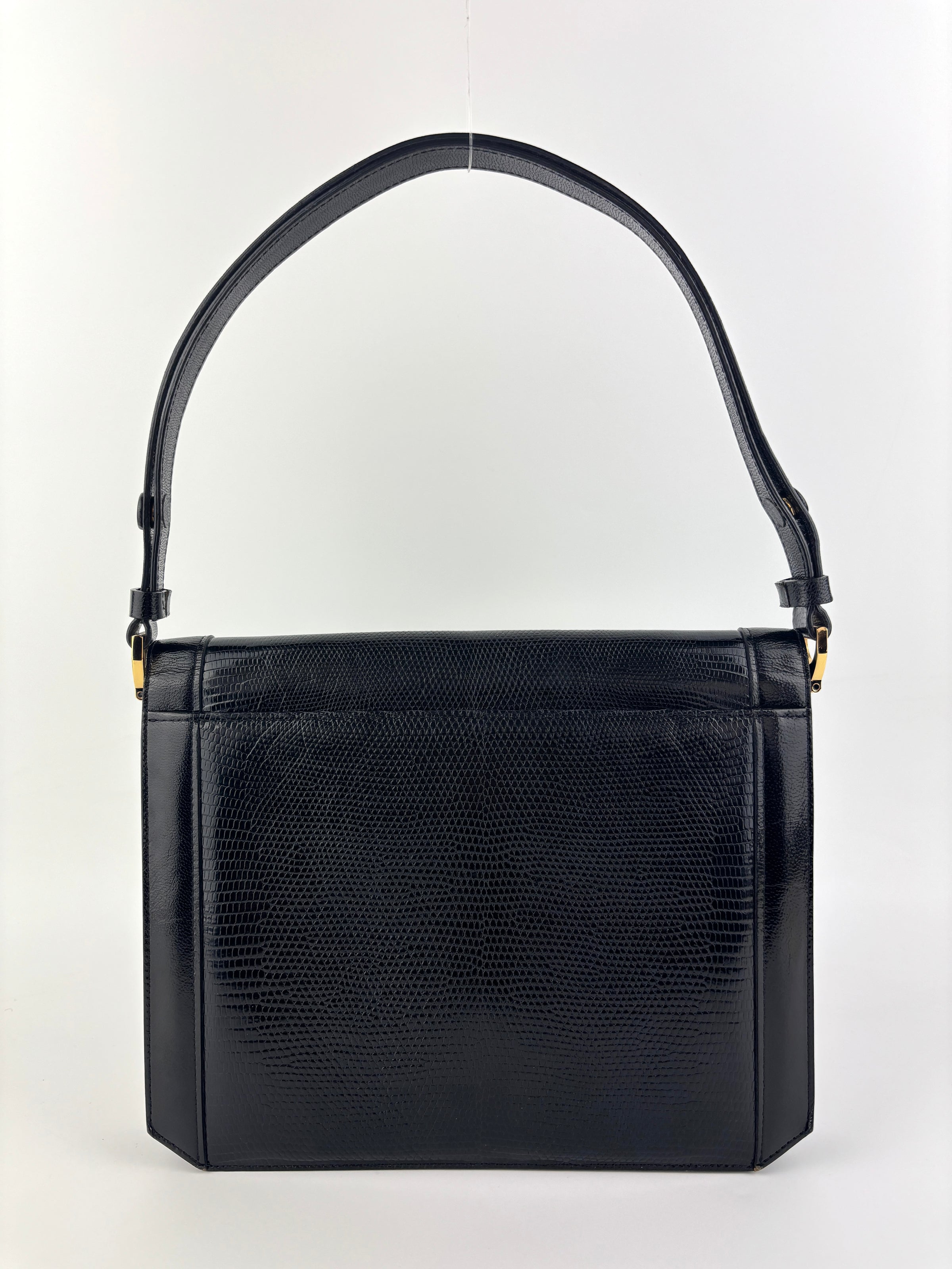 Vintage Embossed Lizard Leather Shoulder Bag in Black GHW - Glampot