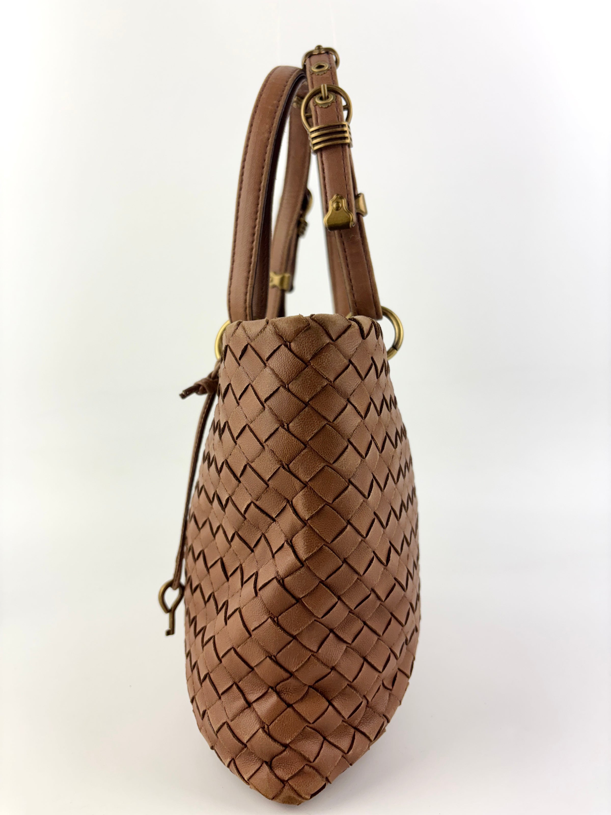 Small Nappa Intrecciato Capri Handbag in Brown - Glampot