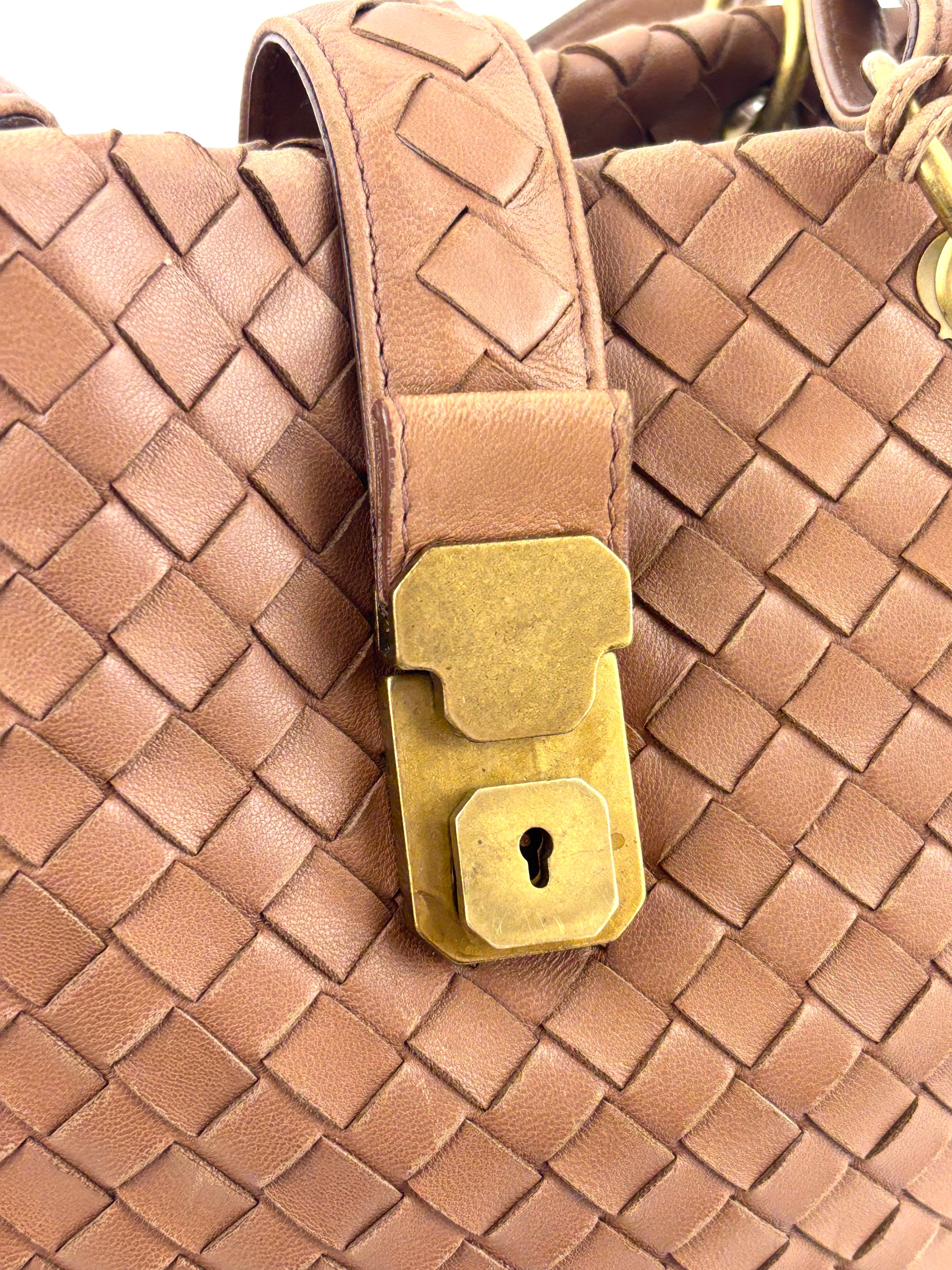 Small Nappa Intrecciato Capri Handbag in Brown - Glampot
