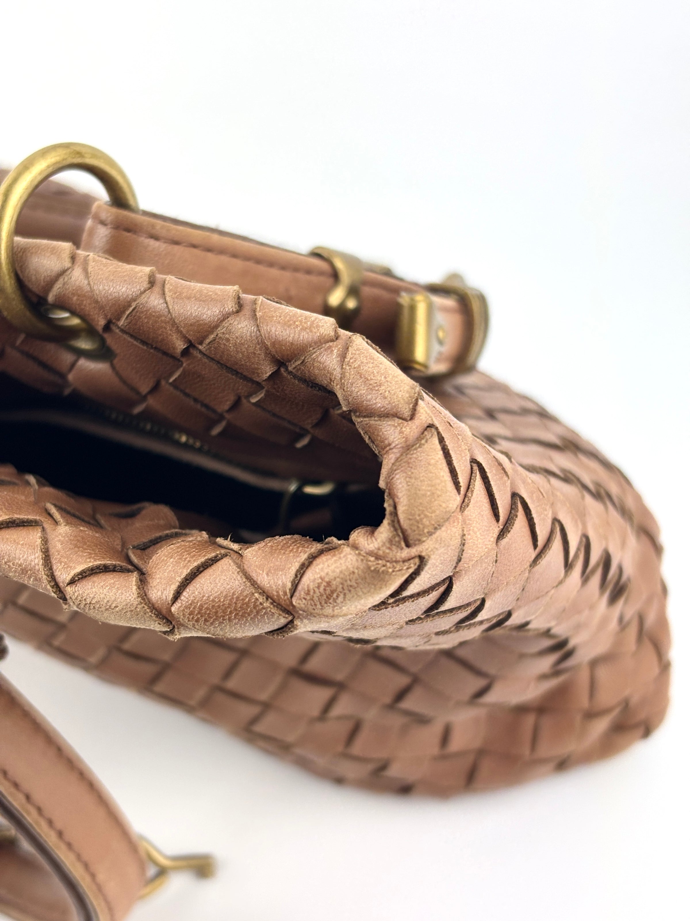 Small Nappa Intrecciato Capri Handbag in Brown - Glampot