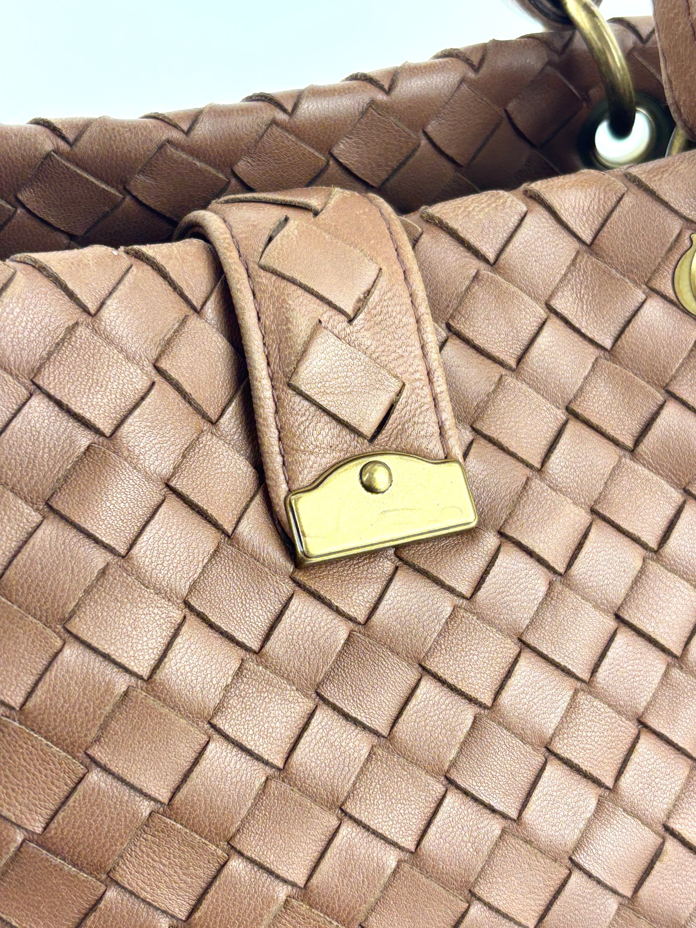 Small Nappa Intrecciato Capri Handbag in Brown - Glampot