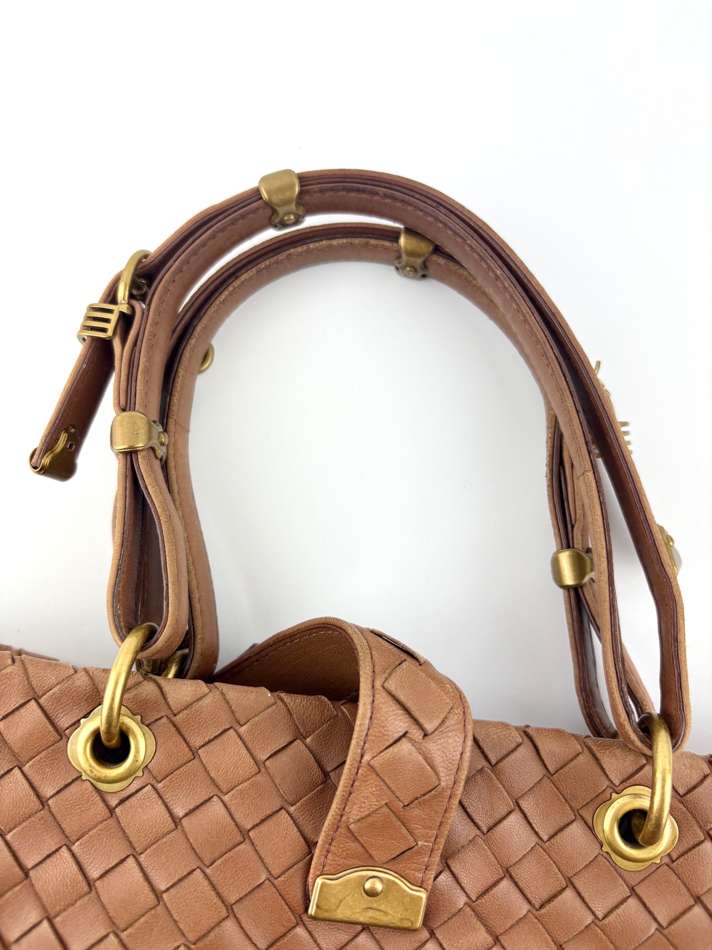 Small Nappa Intrecciato Capri Handbag in Brown - Glampot