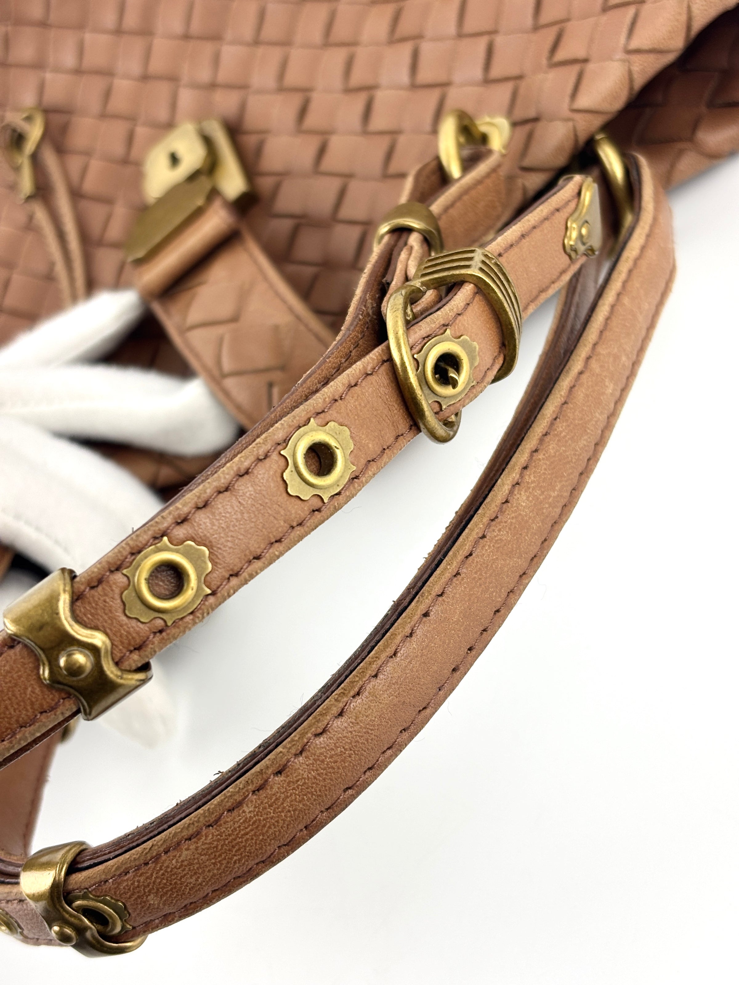 Small Nappa Intrecciato Capri Handbag in Brown - Glampot