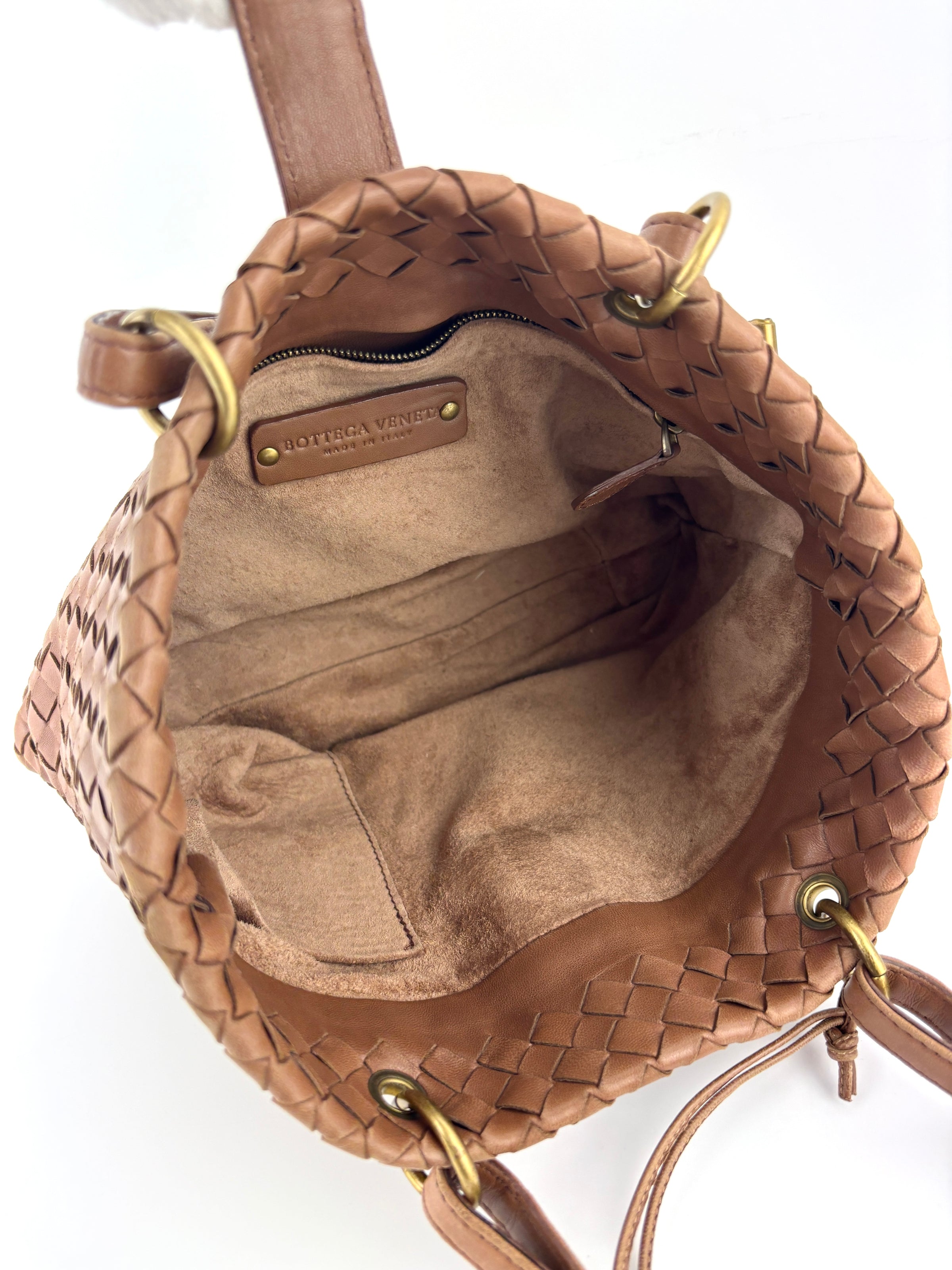 Small Nappa Intrecciato Capri Handbag in Brown - Glampot