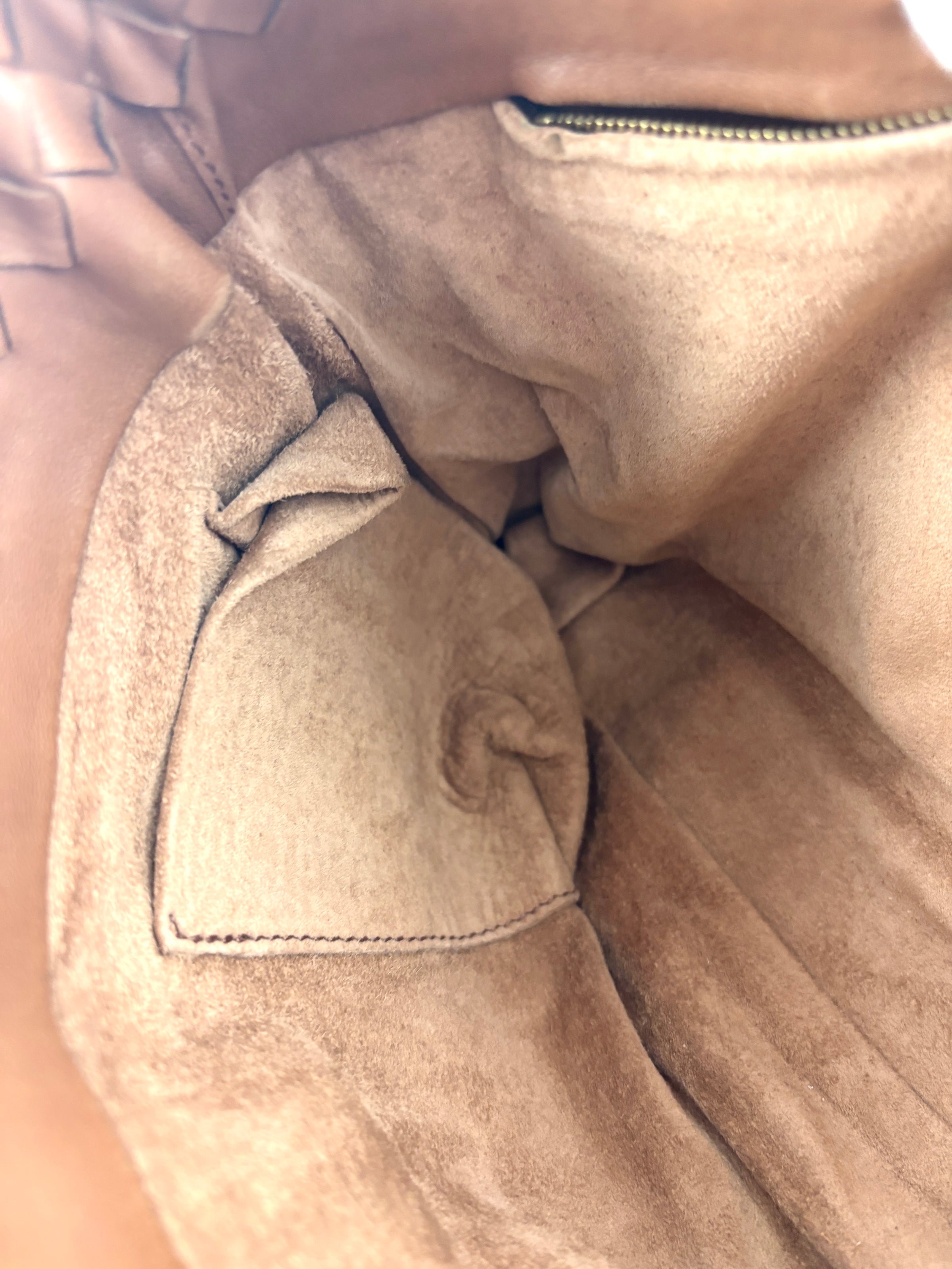 Small Nappa Intrecciato Capri Handbag in Brown - Glampot