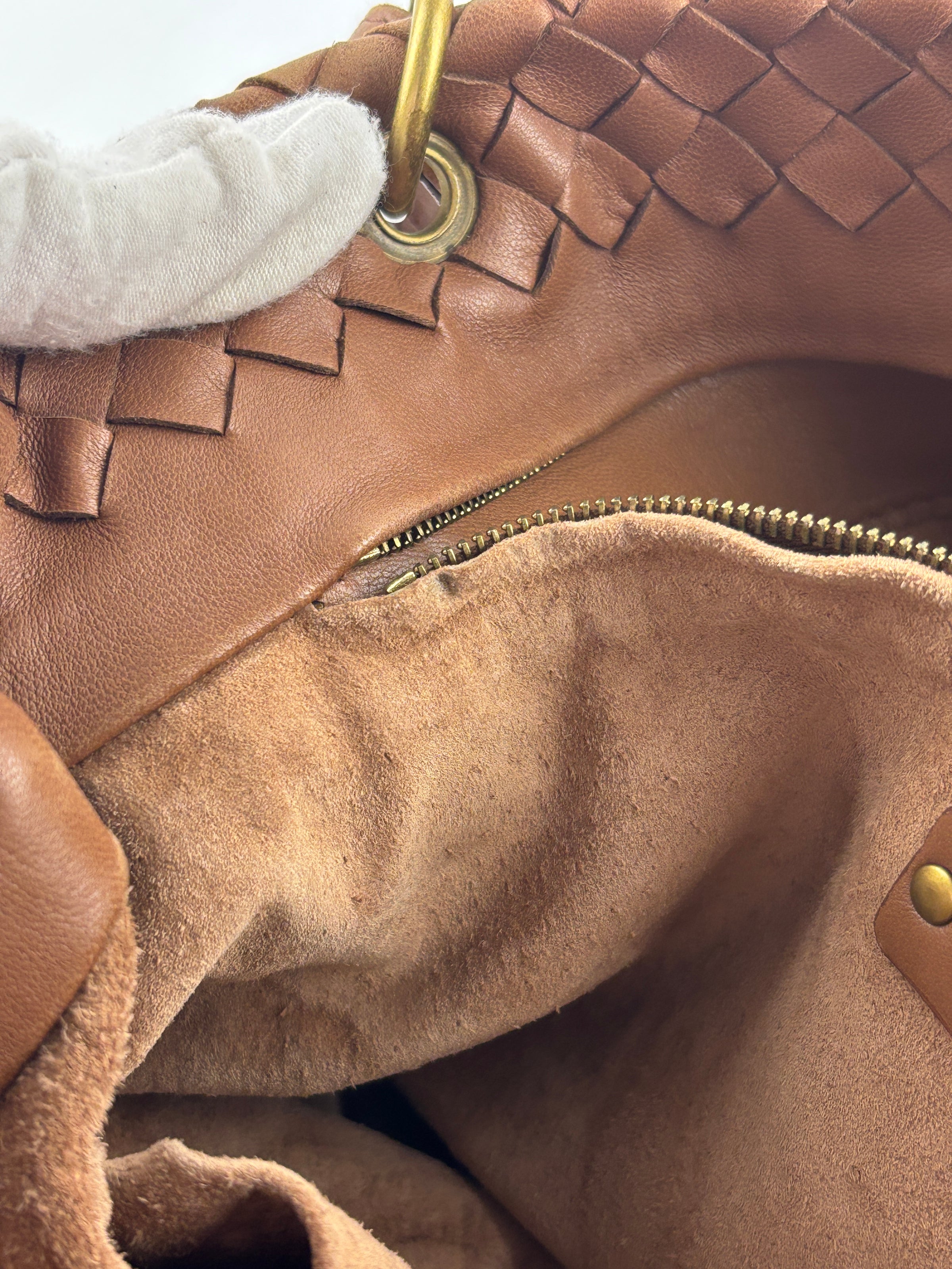 Small Nappa Intrecciato Capri Handbag in Brown - Glampot