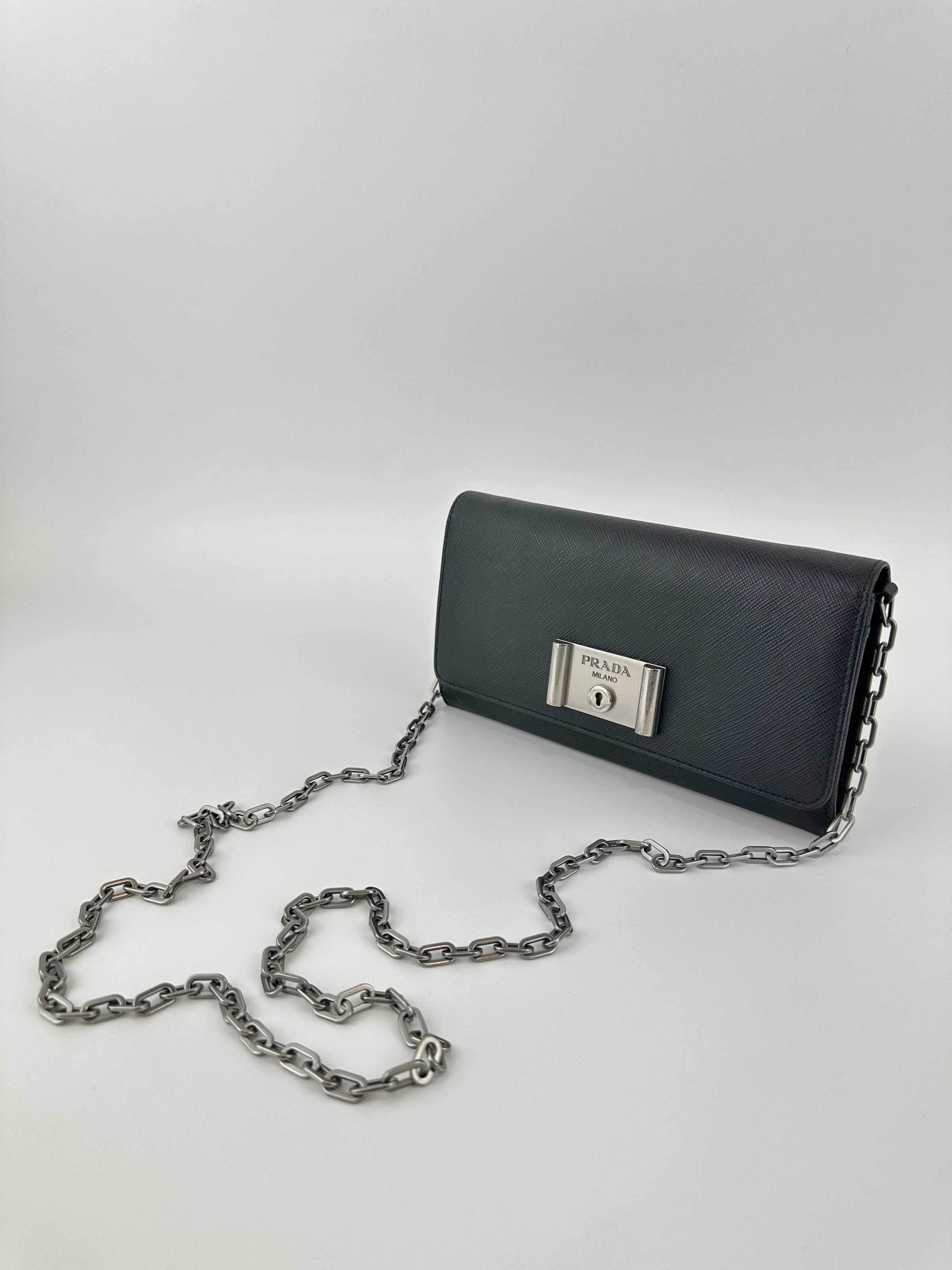 1MT440 Lock Black Saffiano Leather Wallet on Chain