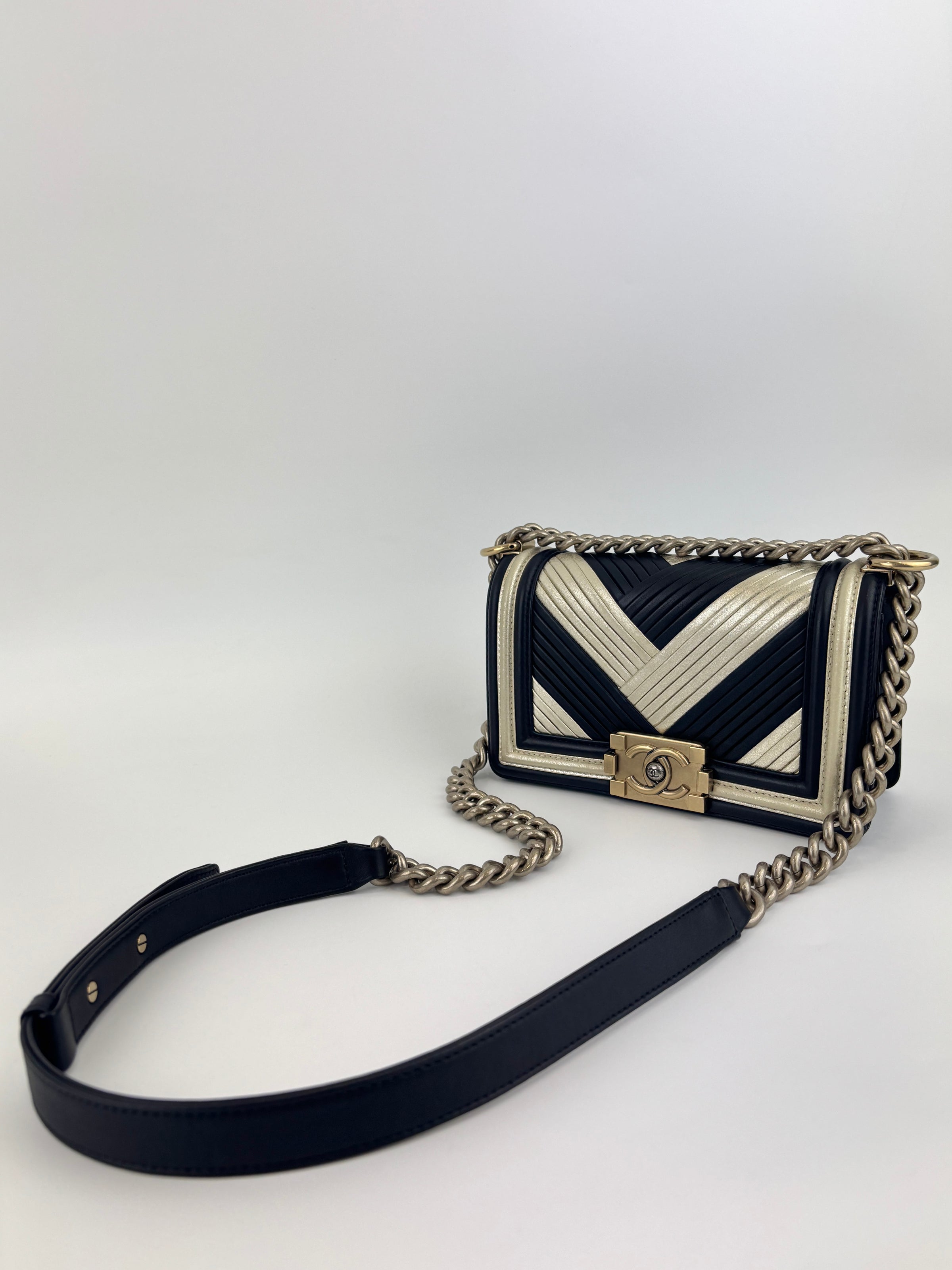 A67086 Small Boy in Rome Pleated Chevron Calfskin Black and Gold GHW - Glampot