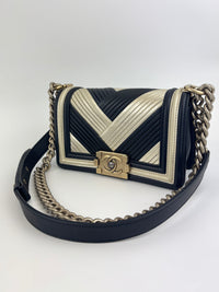 A67086 Small Boy in Rome Pleated Chevron Calfskin Black and Gold GHW - Glampot