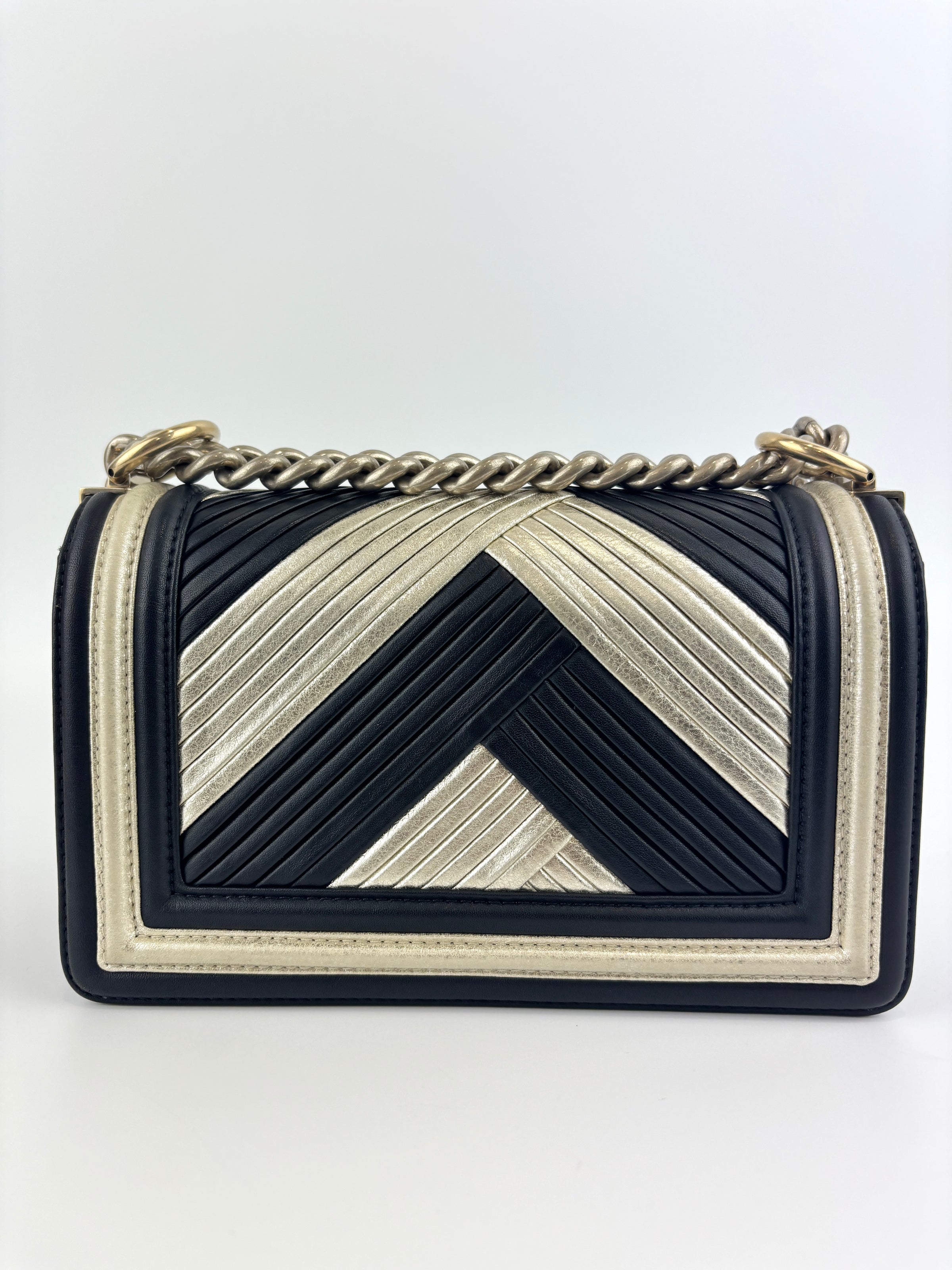 A67086 Small Boy in Rome Pleated Chevron Calfskin Black and Gold GHW - Glampot