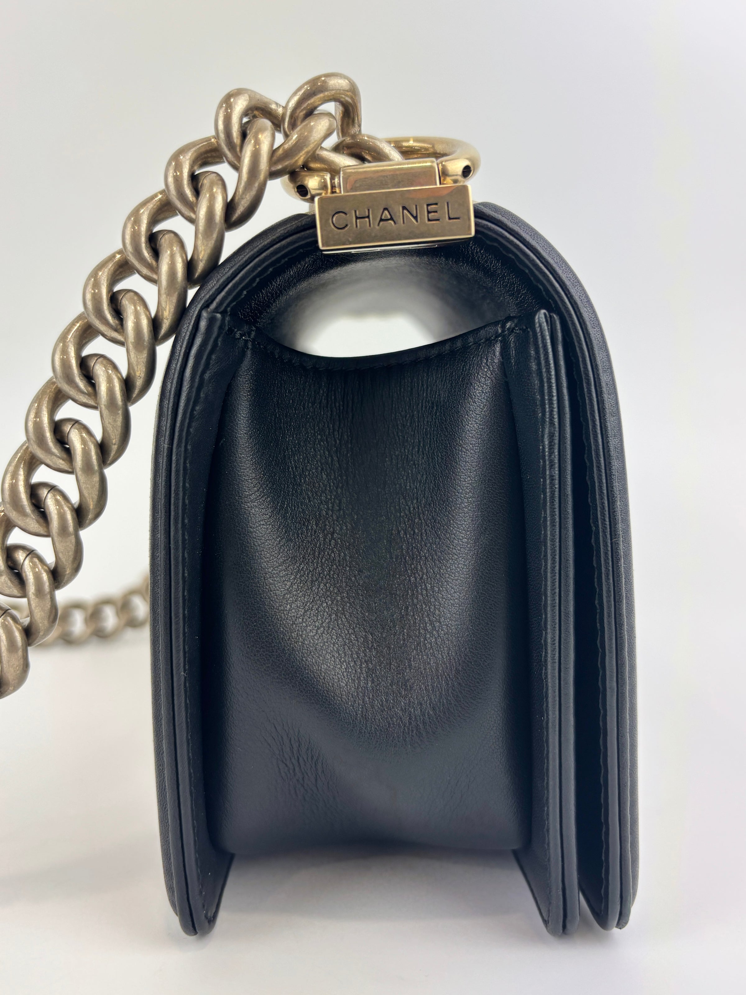 A67086 Small Boy in Rome Pleated Chevron Calfskin Black and Gold GHW - Glampot