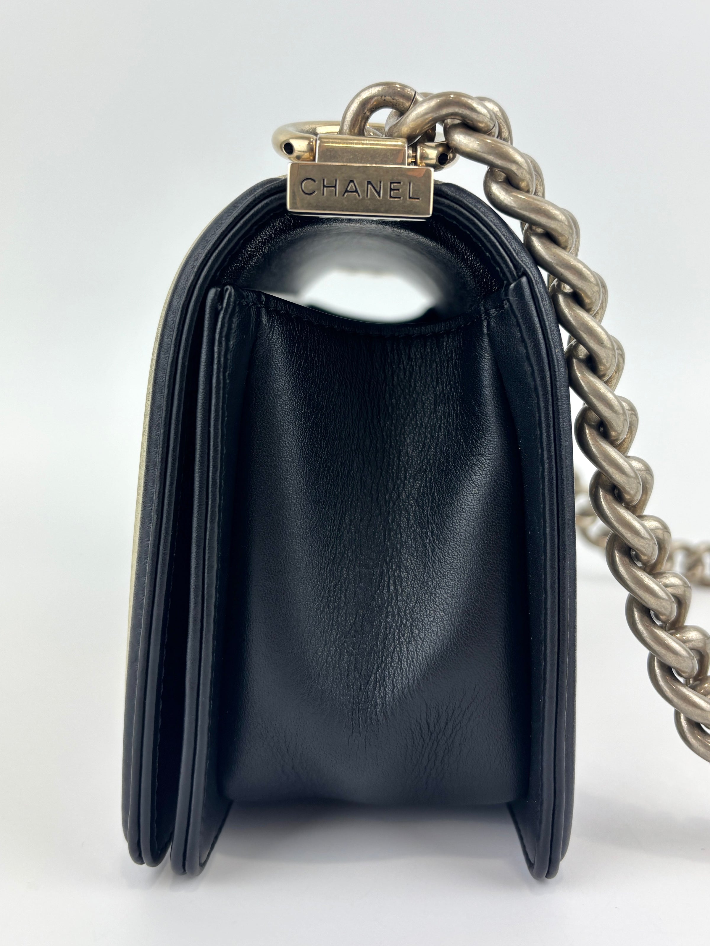 A67086 Small Boy in Rome Pleated Chevron Calfskin Black and Gold GHW - Glampot