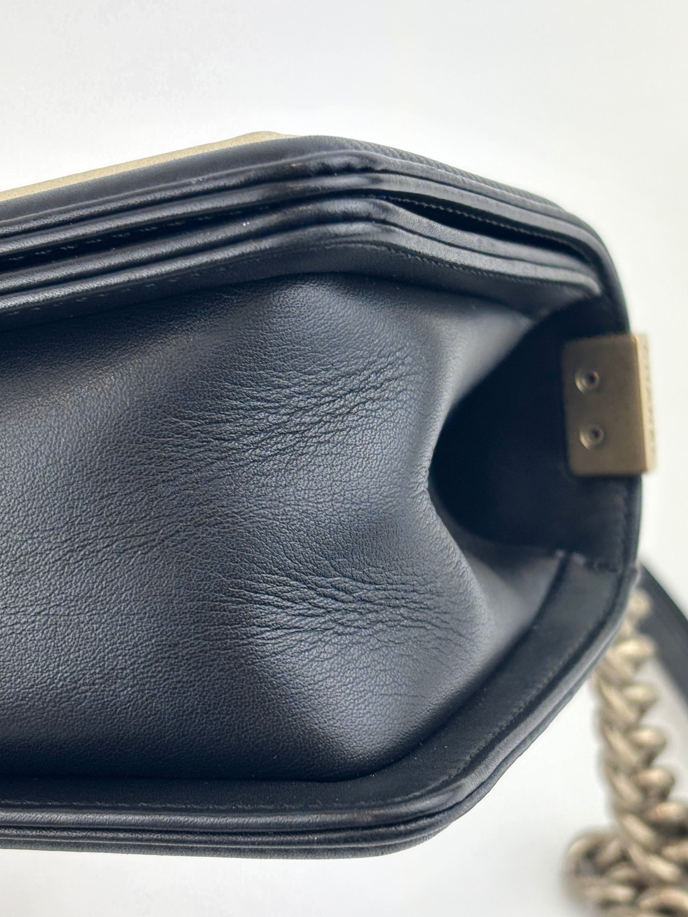 A67086 Small Boy in Rome Pleated Chevron Calfskin Black and Gold GHW - Glampot