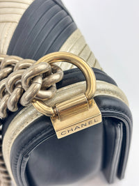 A67086 Small Boy in Rome Pleated Chevron Calfskin Black and Gold GHW - Glampot