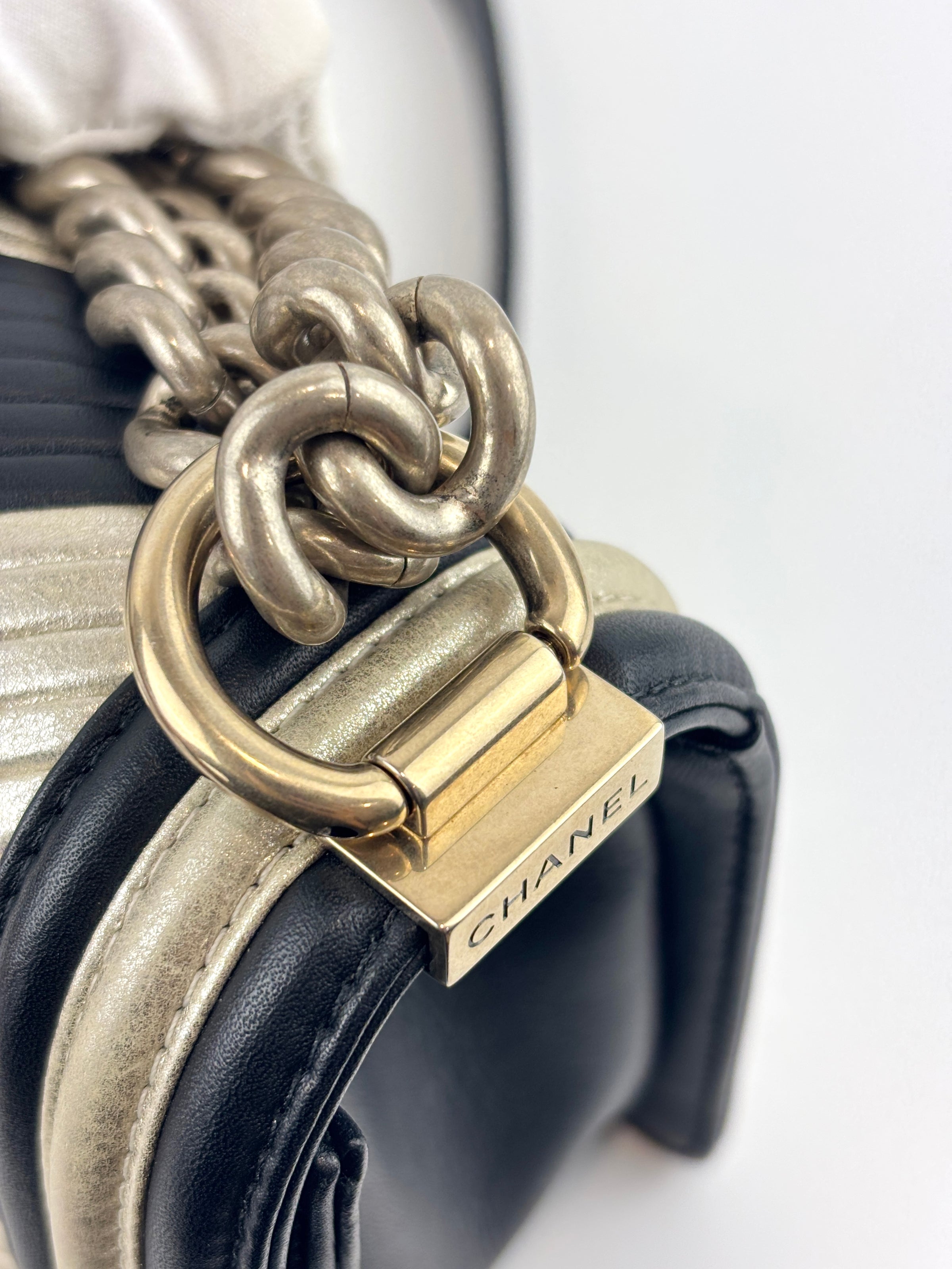 A67086 Small Boy in Rome Pleated Chevron Calfskin Black and Gold GHW - Glampot