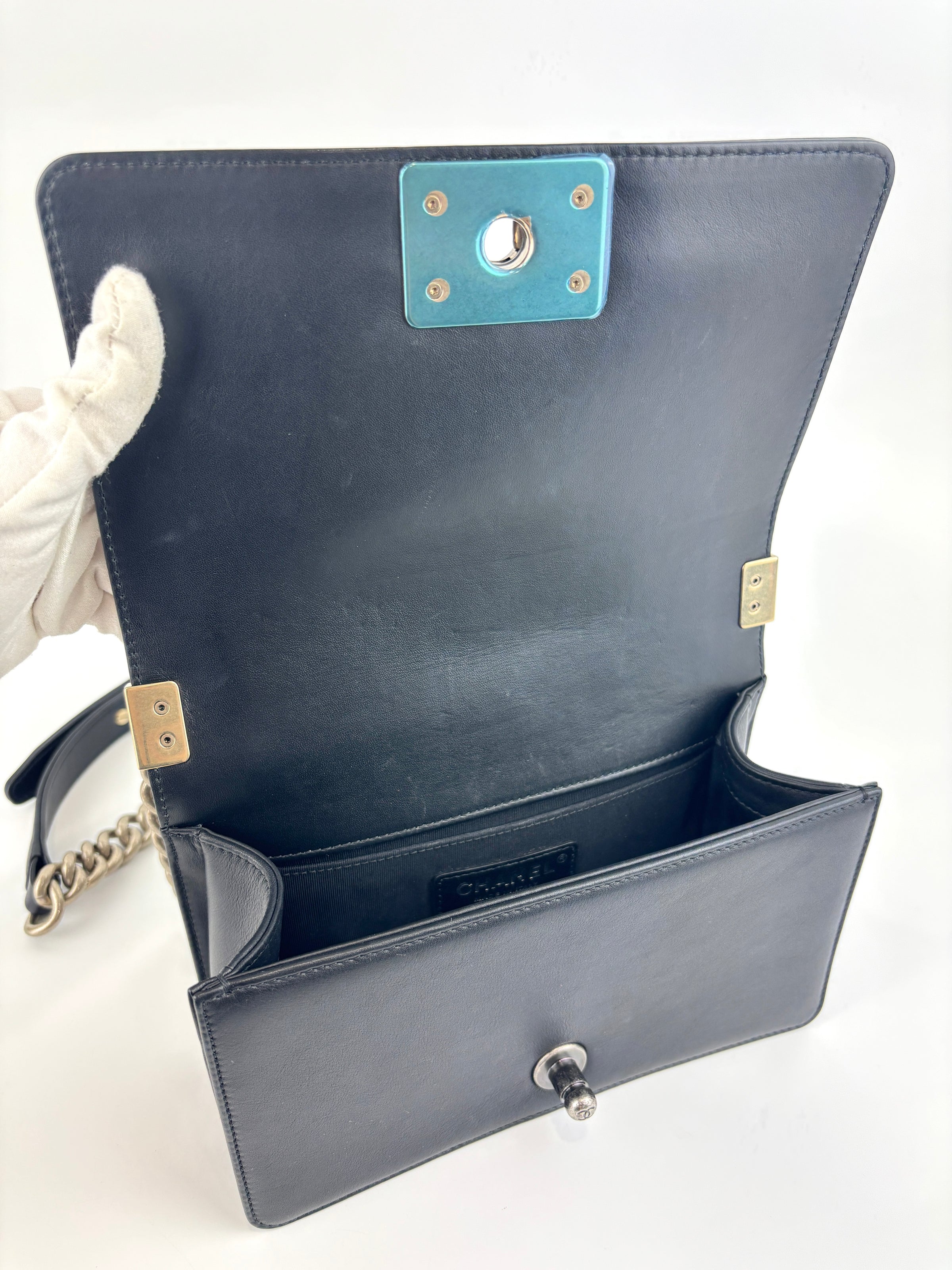 A67086 Small Boy in Rome Pleated Chevron Calfskin Black and Gold GHW - Glampot