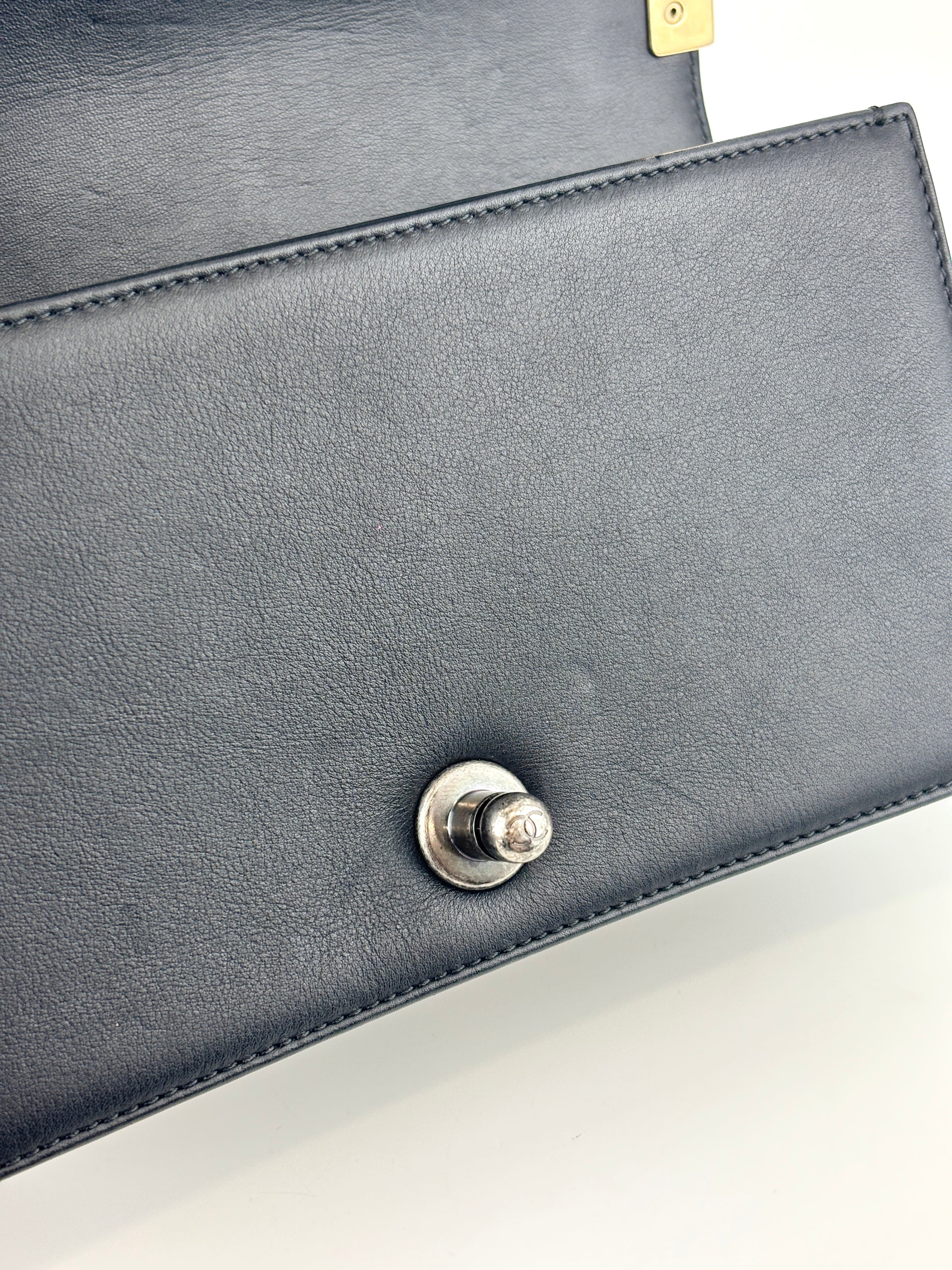 A67086 Small Boy in Rome Pleated Chevron Calfskin Black and Gold GHW - Glampot