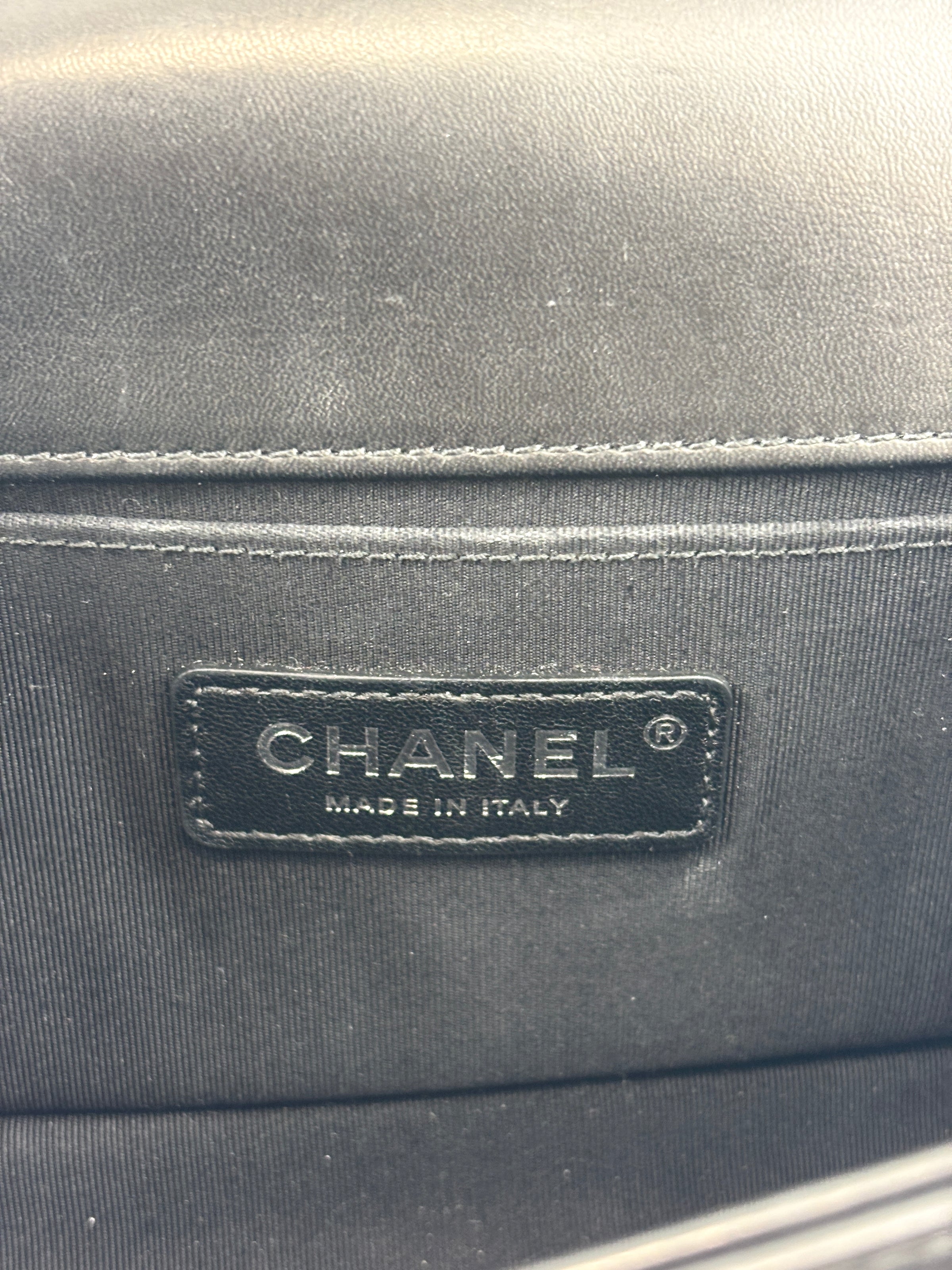 A67086 Small Boy in Rome Pleated Chevron Calfskin Black and Gold GHW - Glampot