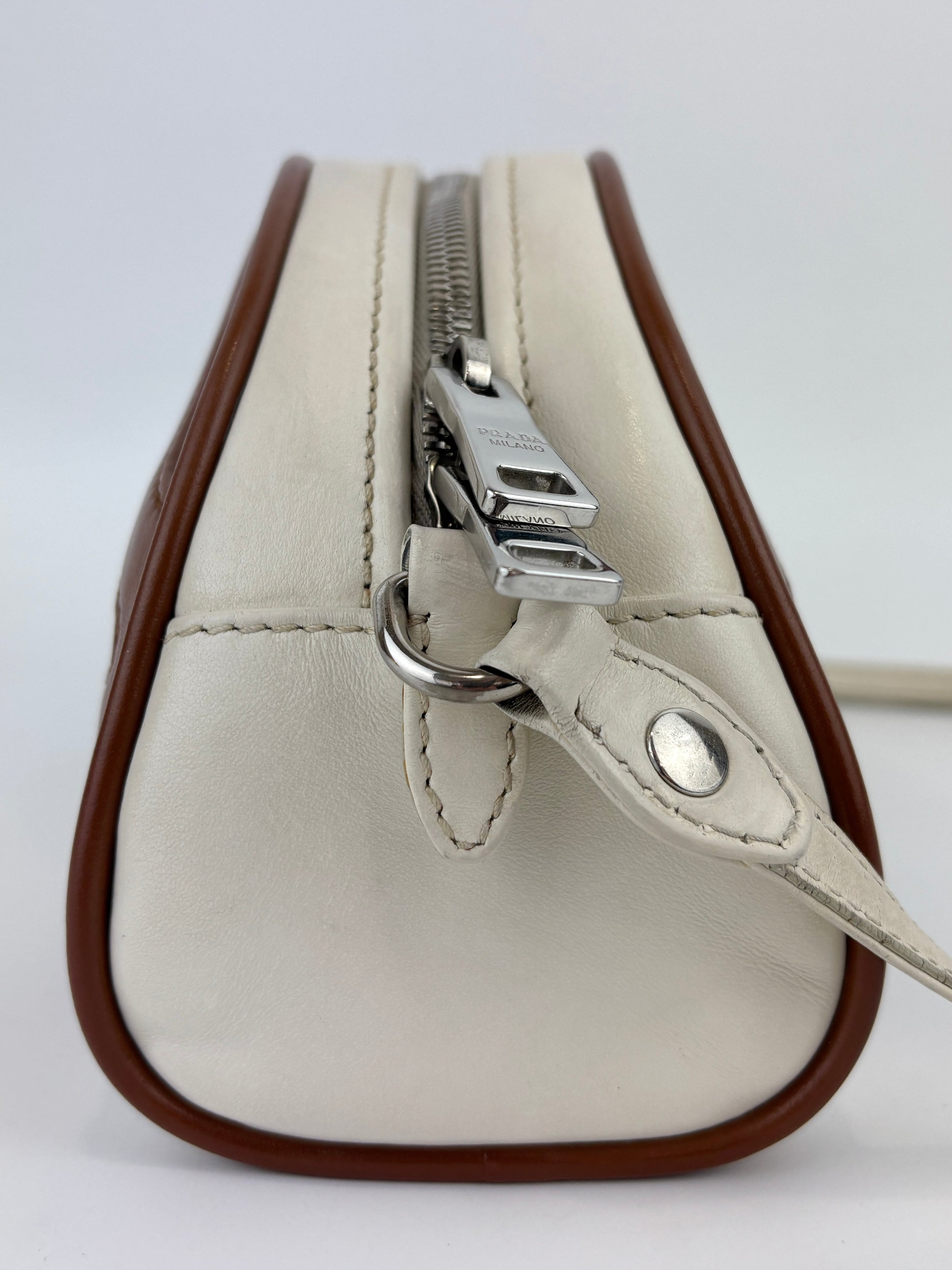 1BH140 Small Sporty Bowler Bag in Cognac Bianco Soft Calfskin - Glampot