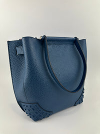 Wave Navy Blue Pebble Grained Leather Tote Bag