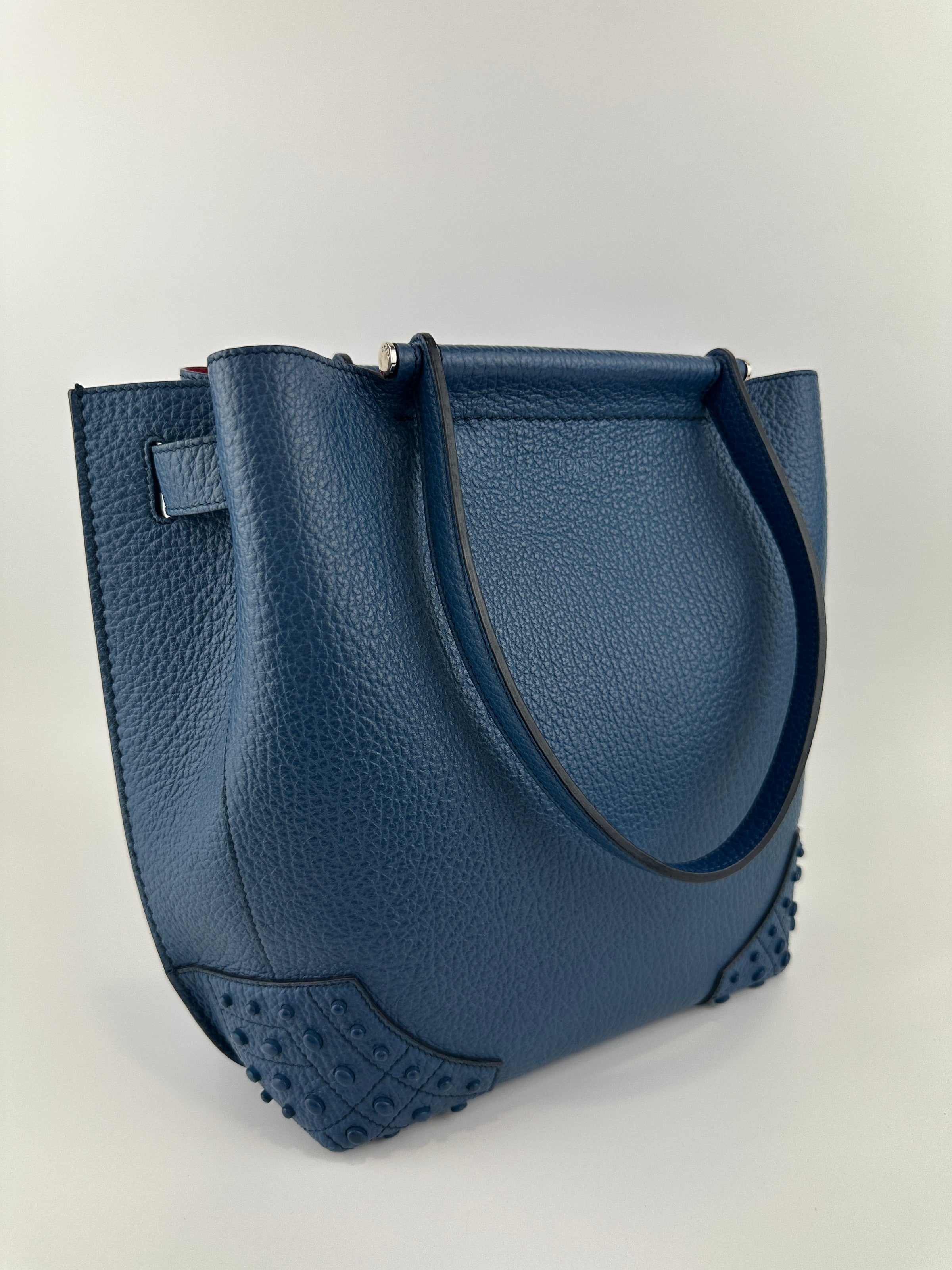 Wave Navy Blue Pebble Grained Leather Tote Bag
