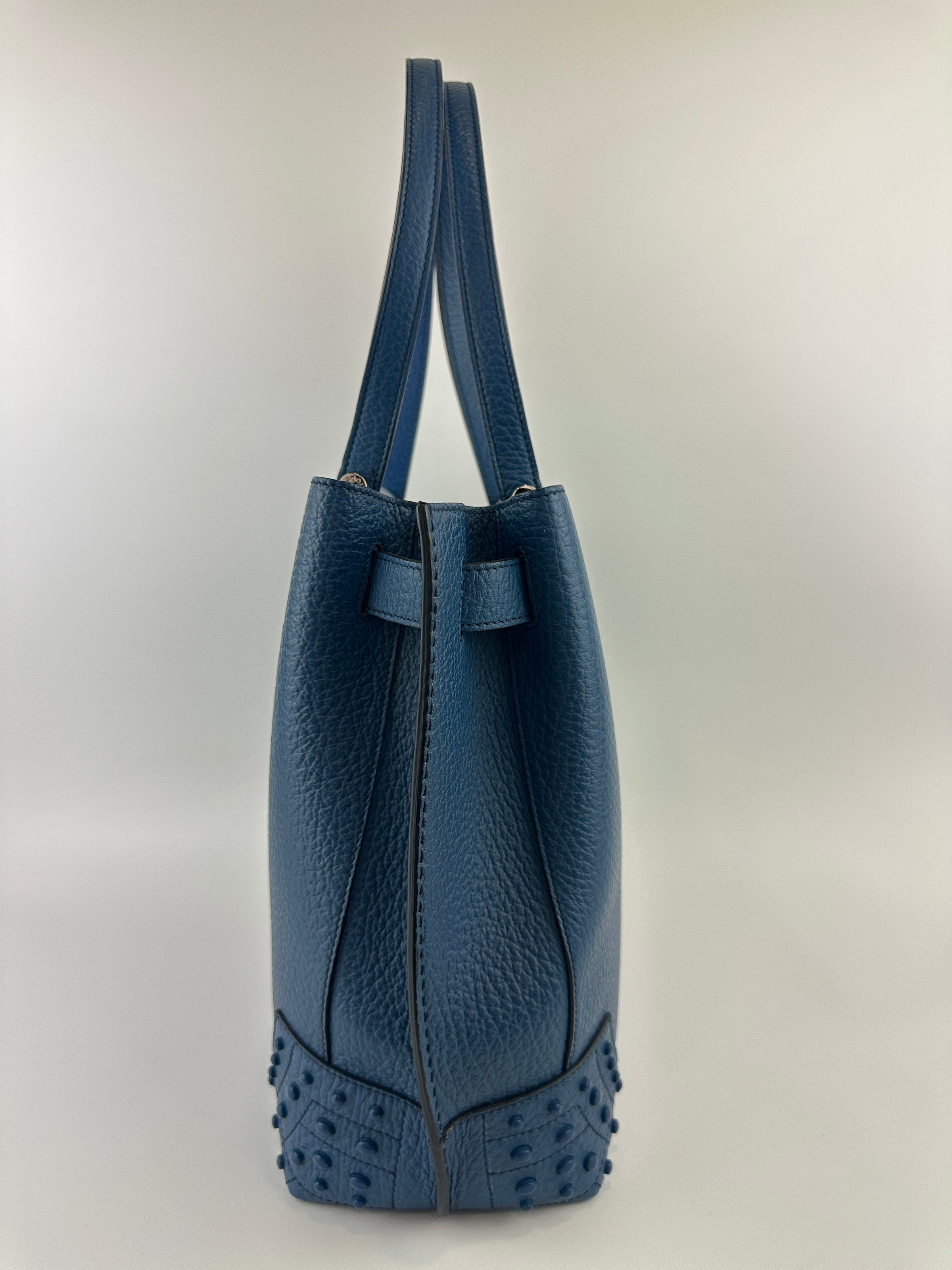 Wave Navy Blue Pebble Grained Leather Tote Bag