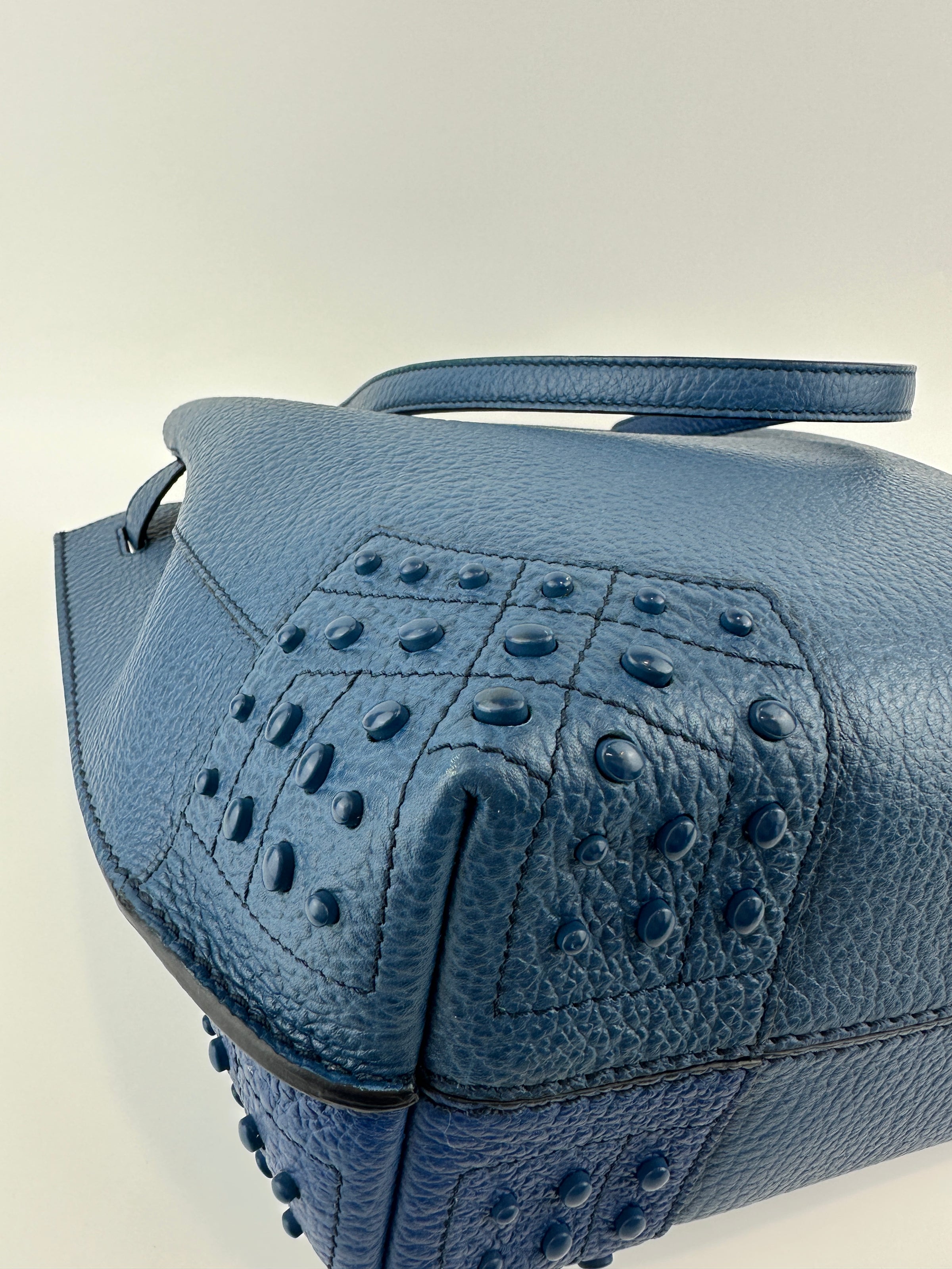 Wave Navy Blue Pebble Grained Leather Tote Bag