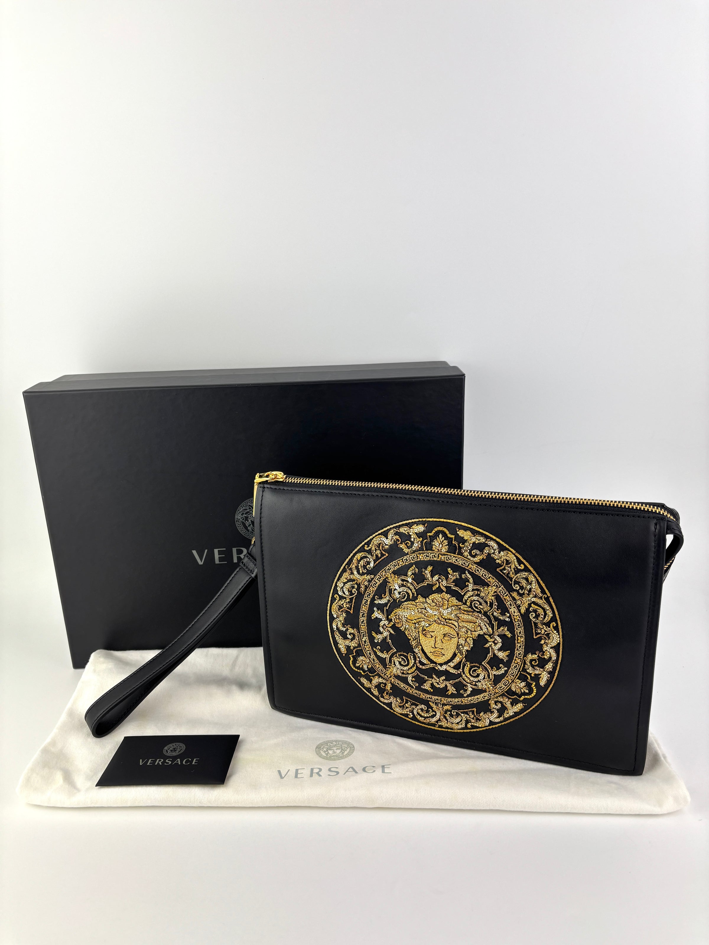 La Medusa Embroidered Leather Clutch in Black