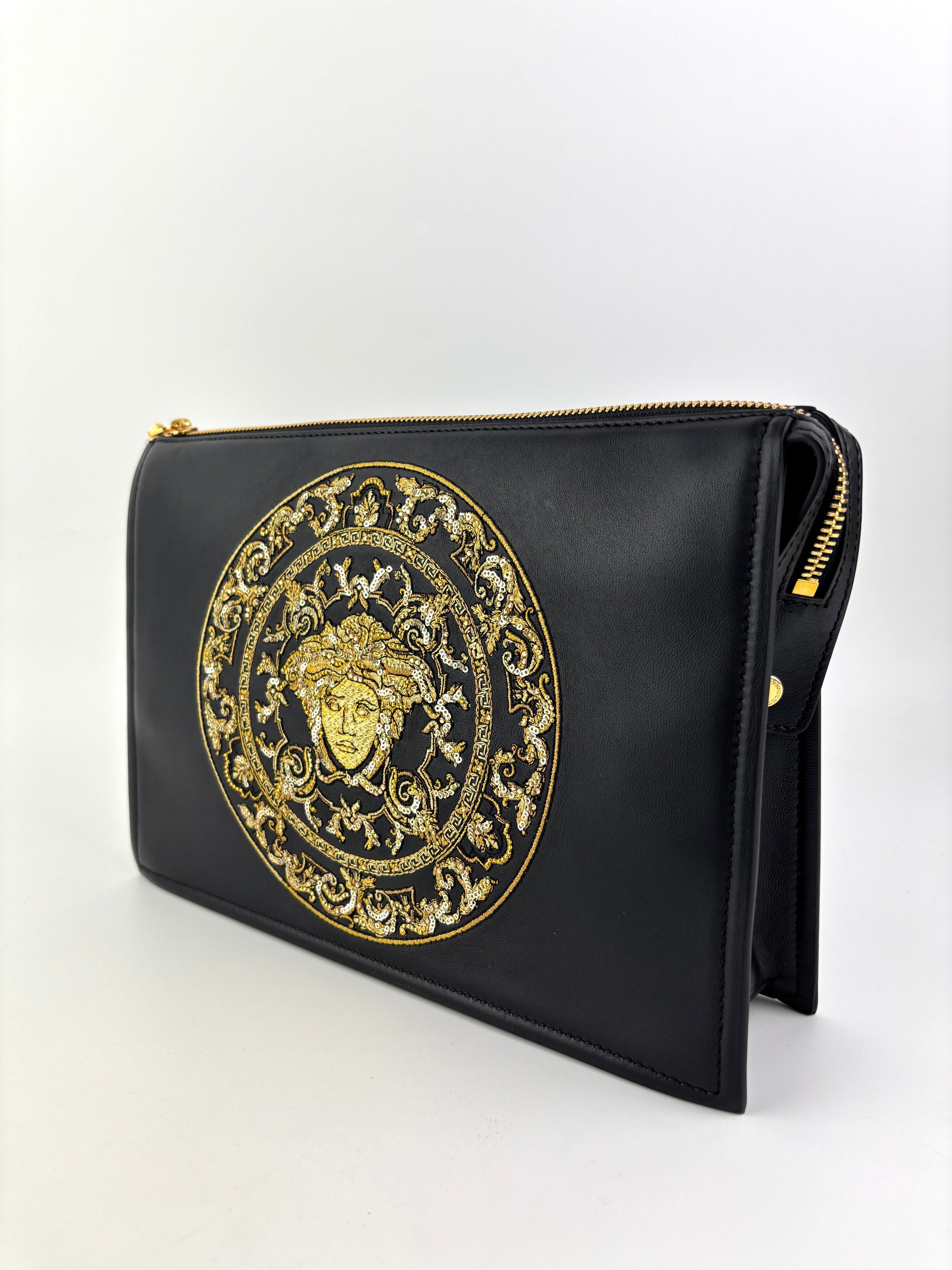La Medusa Embroidered Leather Clutch in Black