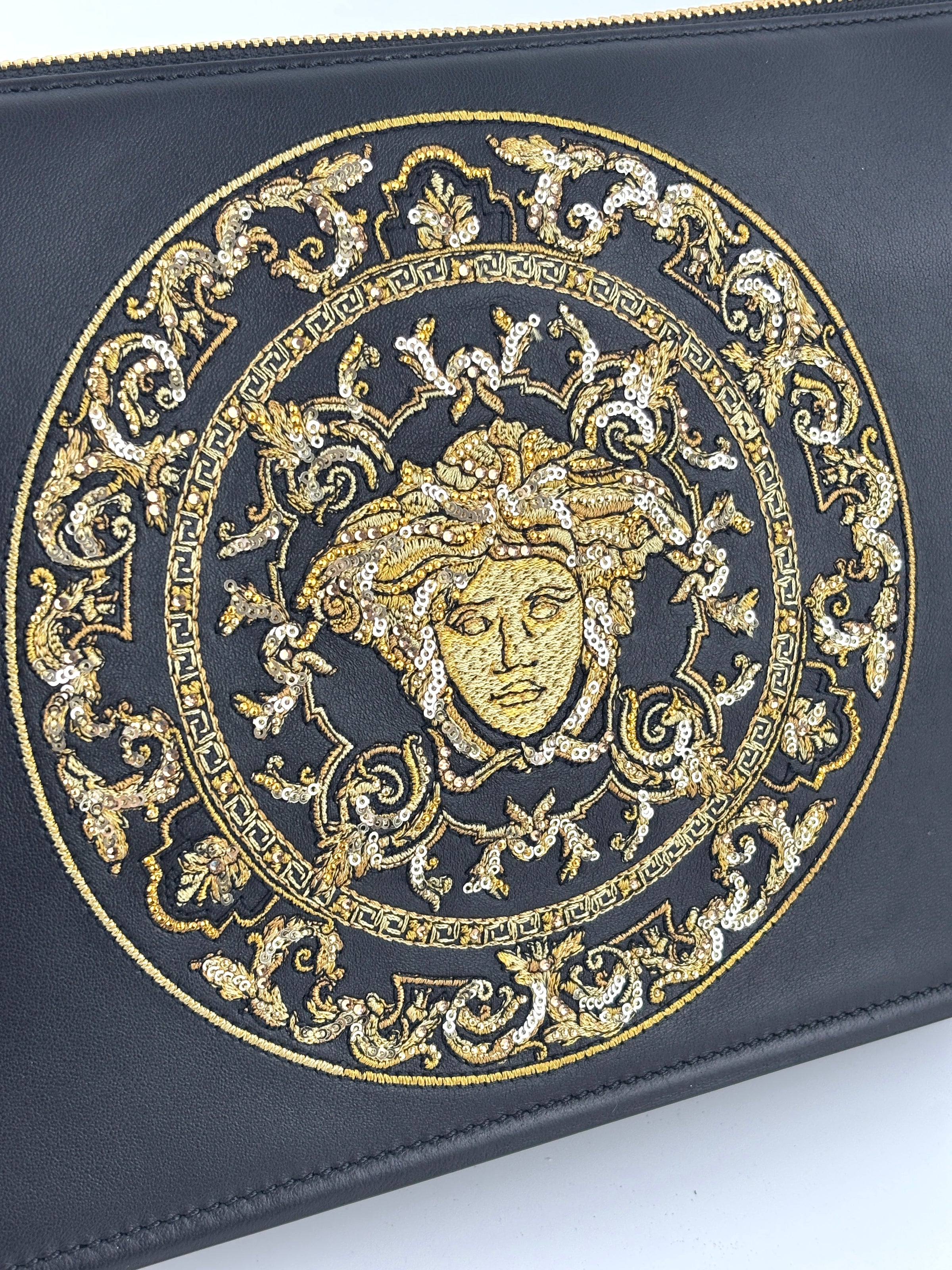 La Medusa Embroidered Leather Clutch in Black