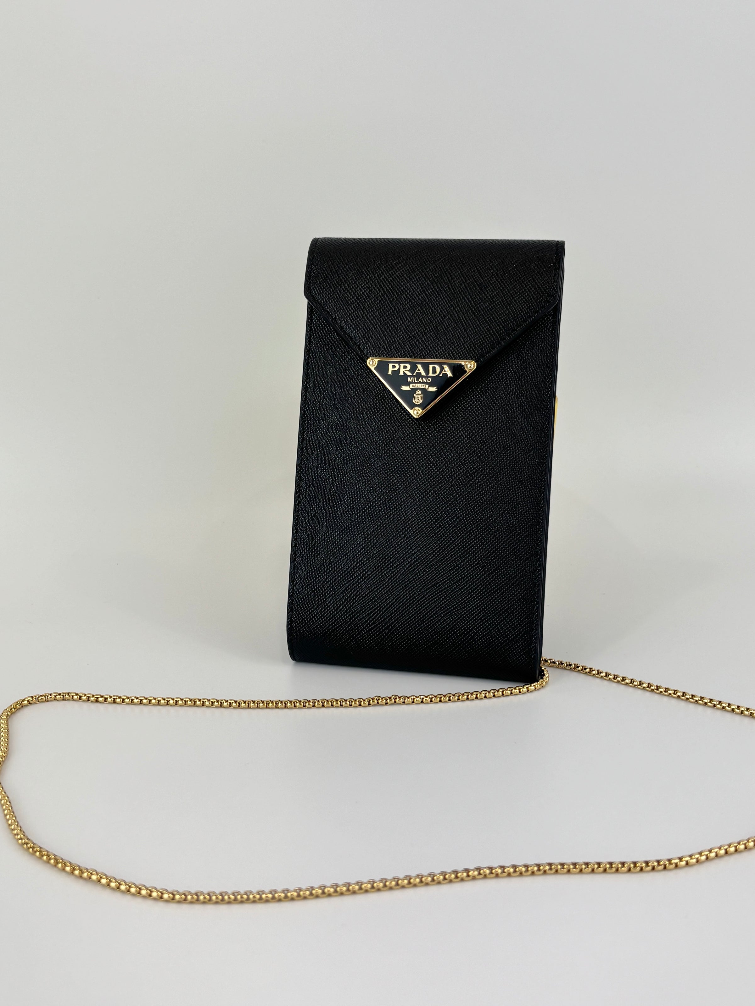 1BP050 Saffiano Lux Black Top Handle Chain Strap Mini Bag