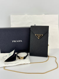 1BP050 Saffiano Lux Black Top Handle Chain Strap Mini Bag