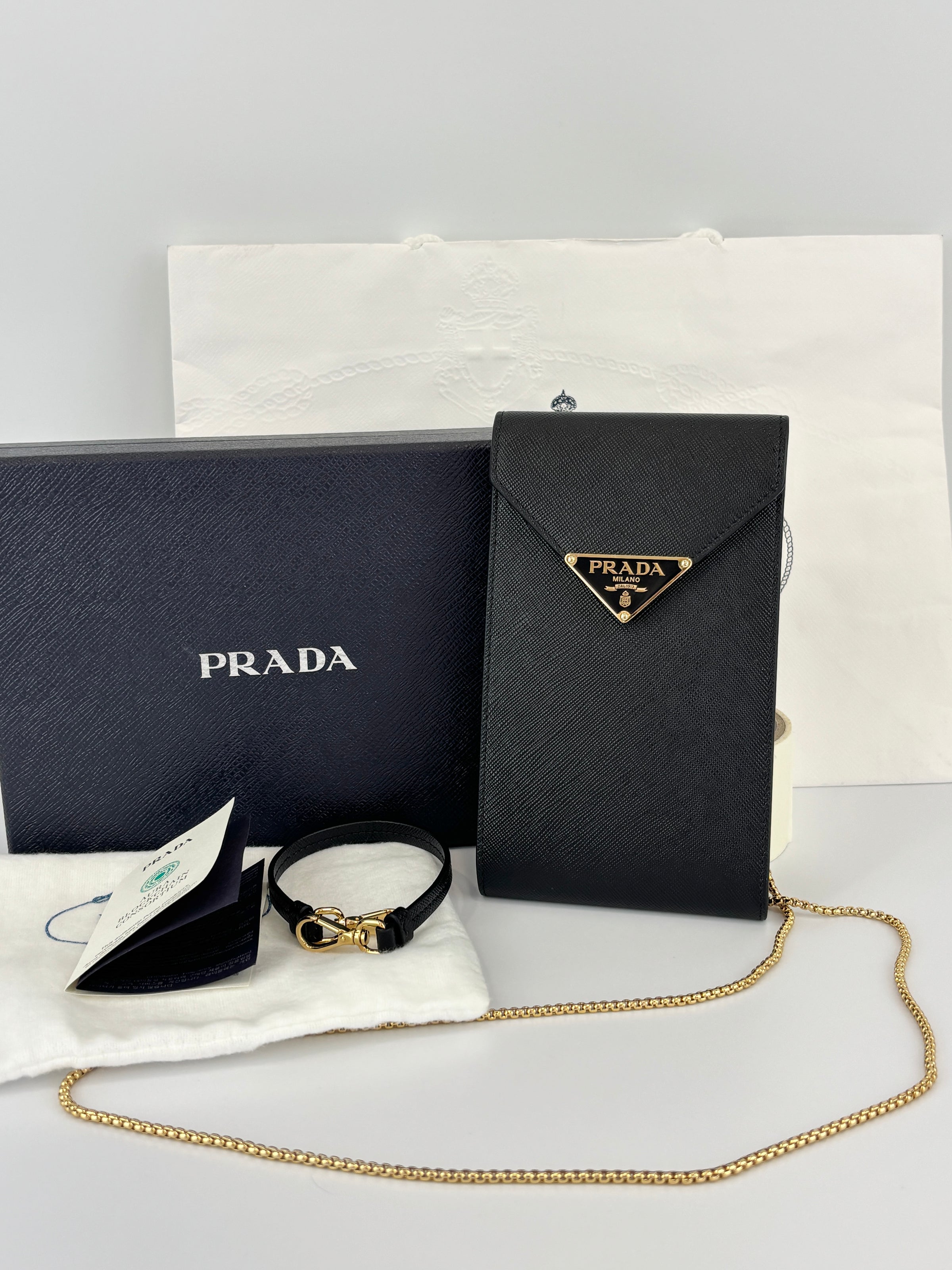 1BP050 Saffiano Lux Black Top Handle Chain Strap Mini Bag