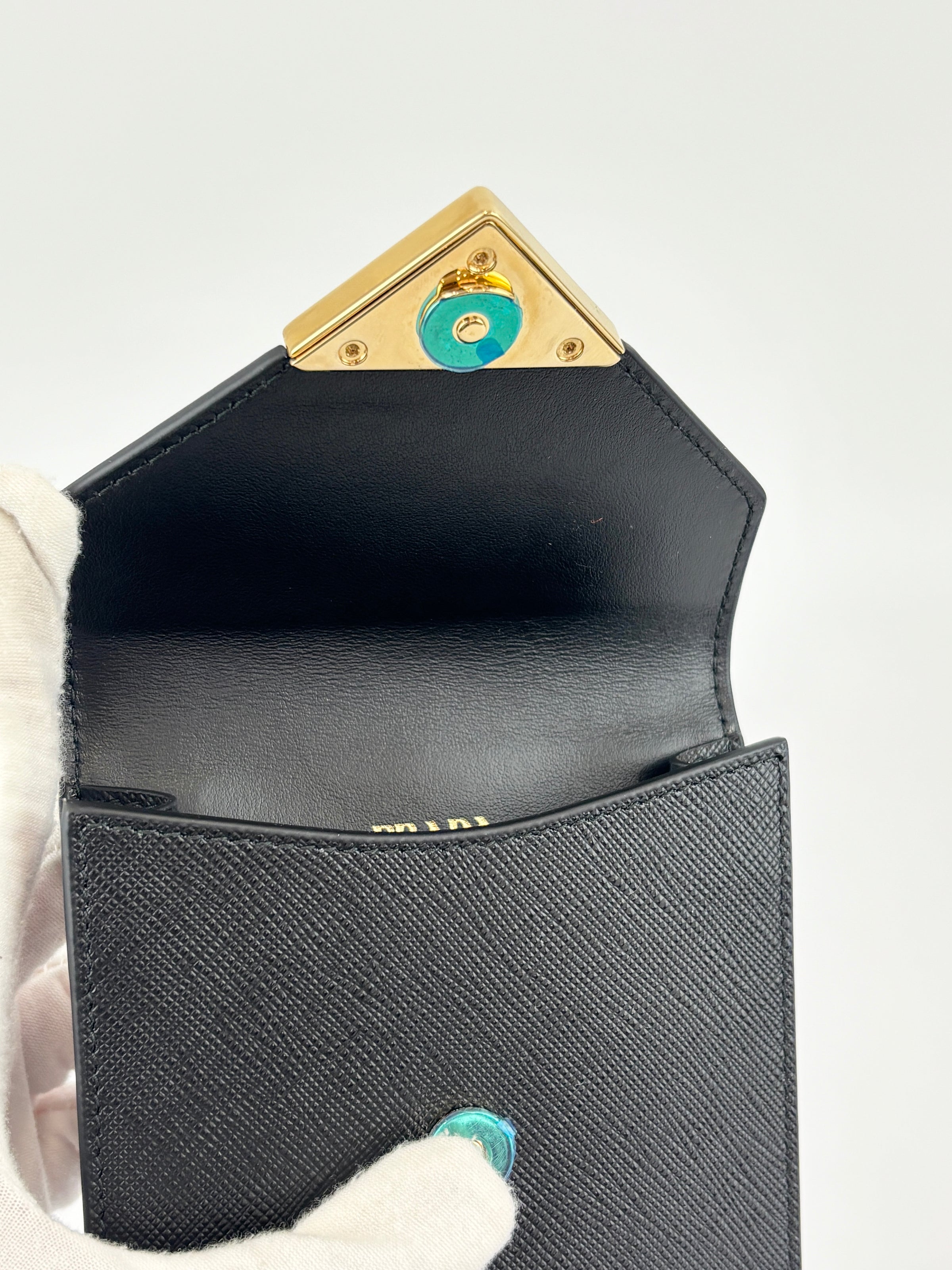 1BP050 Saffiano Lux Black Top Handle Chain Strap Mini Bag