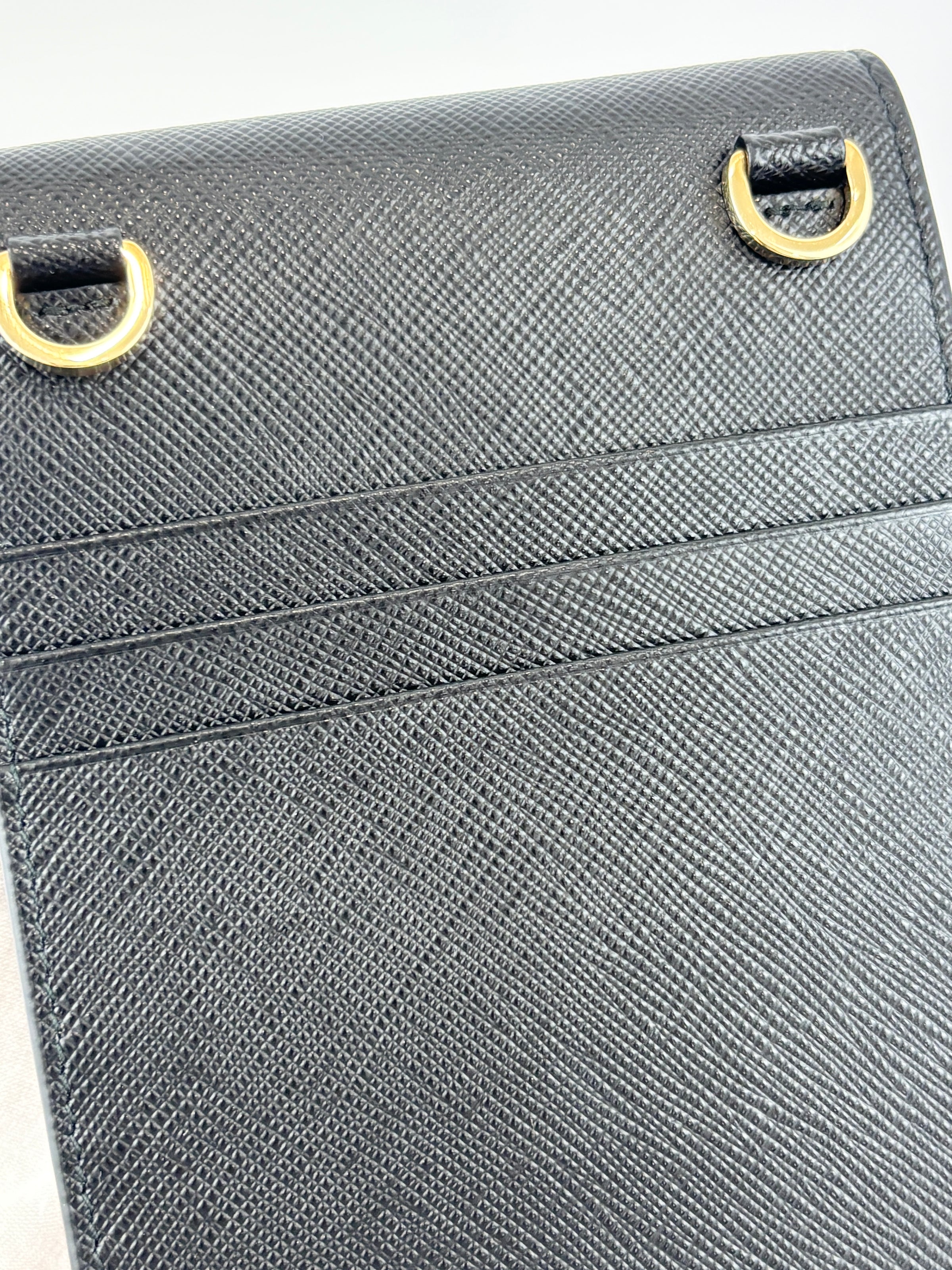 1BP050 Saffiano Lux Black Top Handle Chain Strap Mini Bag