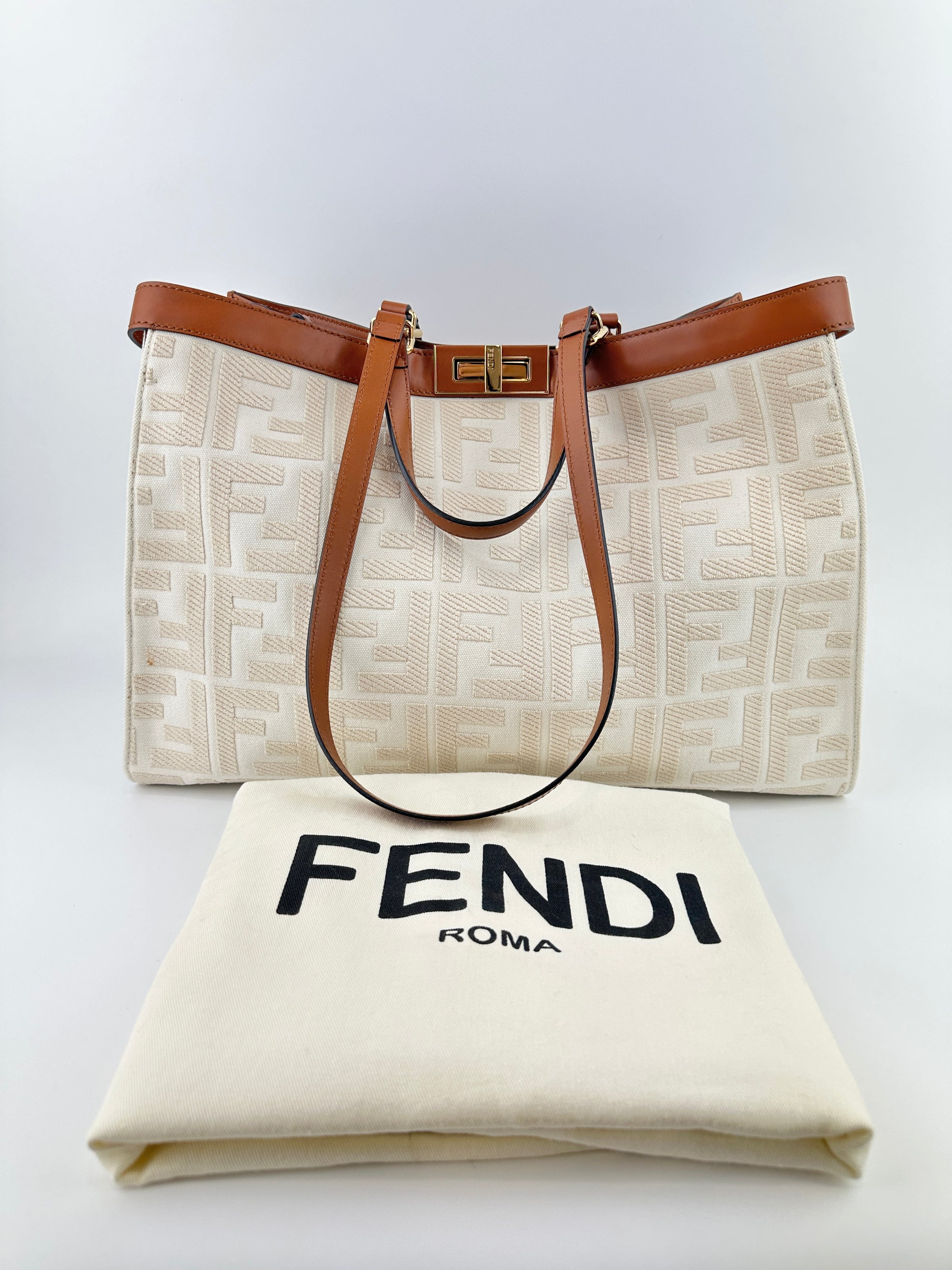 8BH374 Medium Peekaboo X-Tote Cream FF Embroidered Canvas Bag