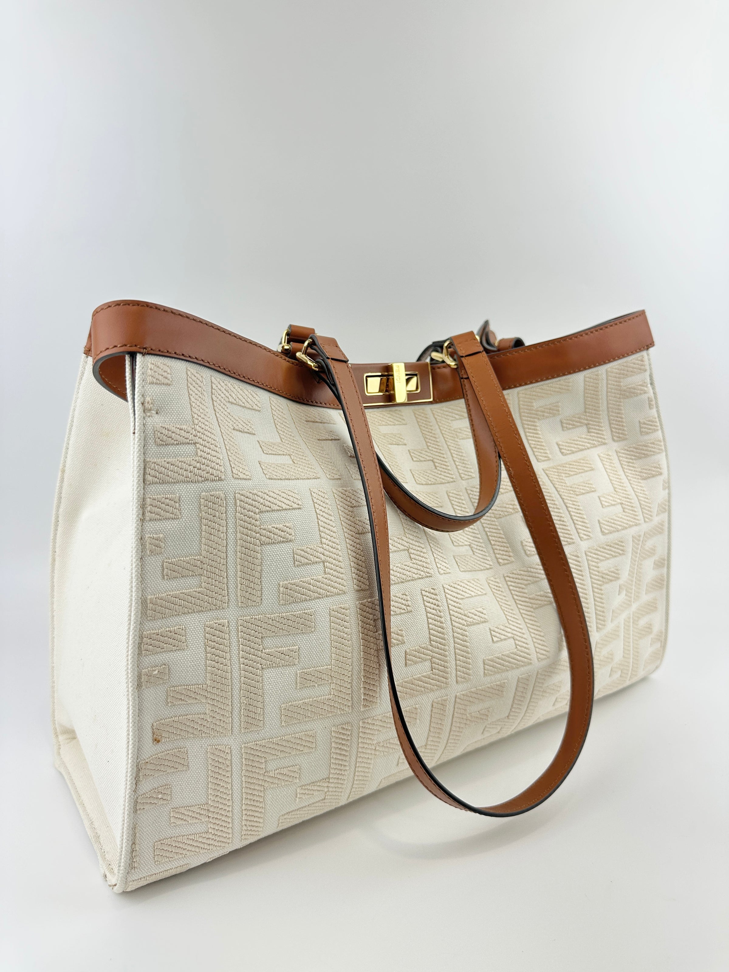 8BH374 Medium Peekaboo X-Tote Cream FF Embroidered Canvas Bag