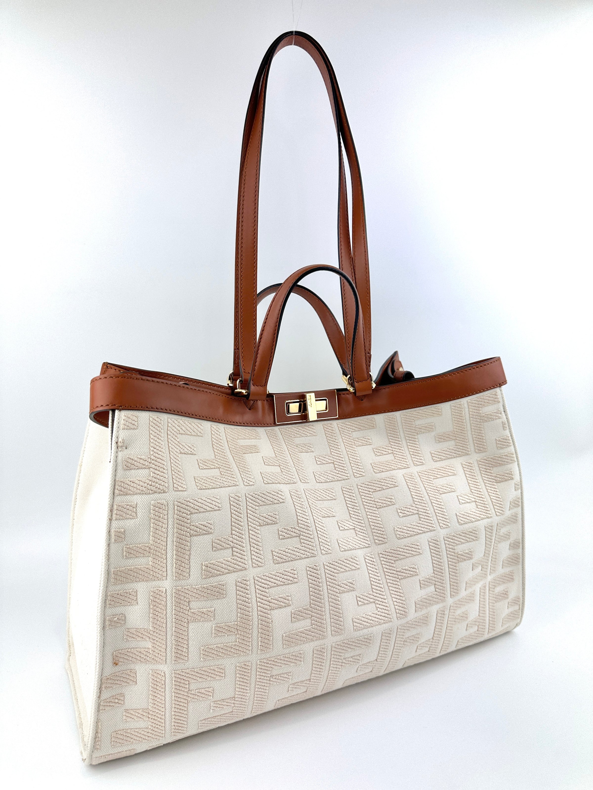 8BH374 Medium Peekaboo X-Tote Cream FF Embroidered Canvas Bag