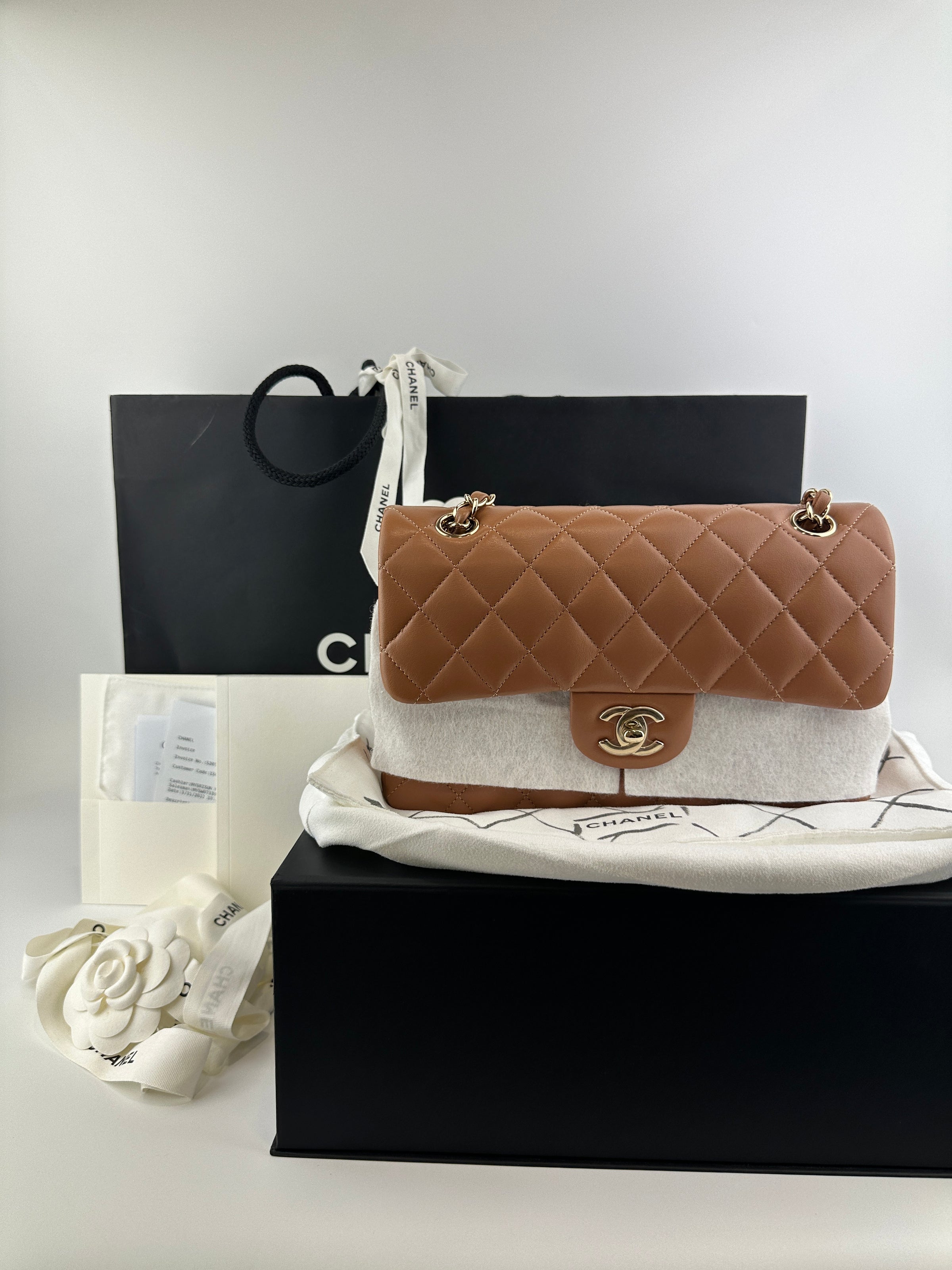 22S Brown/Caramel NB356 Lambskin Small Classic Flap Bag GHW