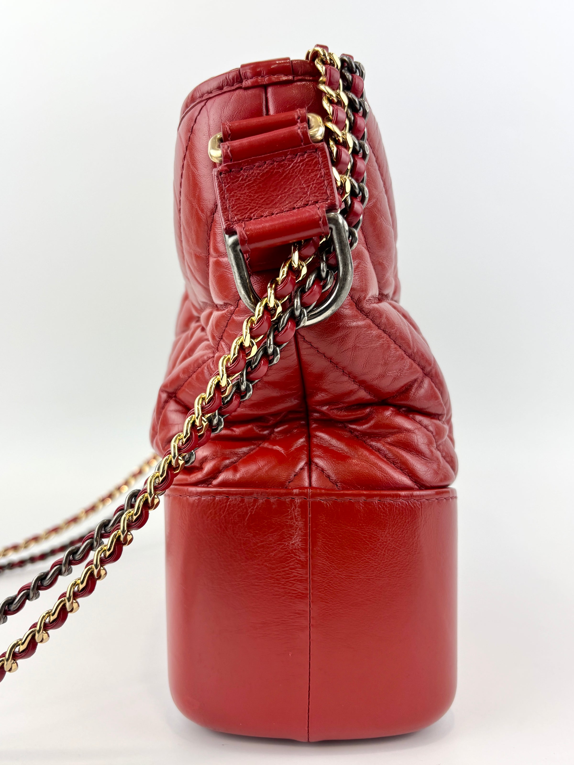 Gabrielle Hobo Chevron Aged Calfskin Large in Red - Glampot