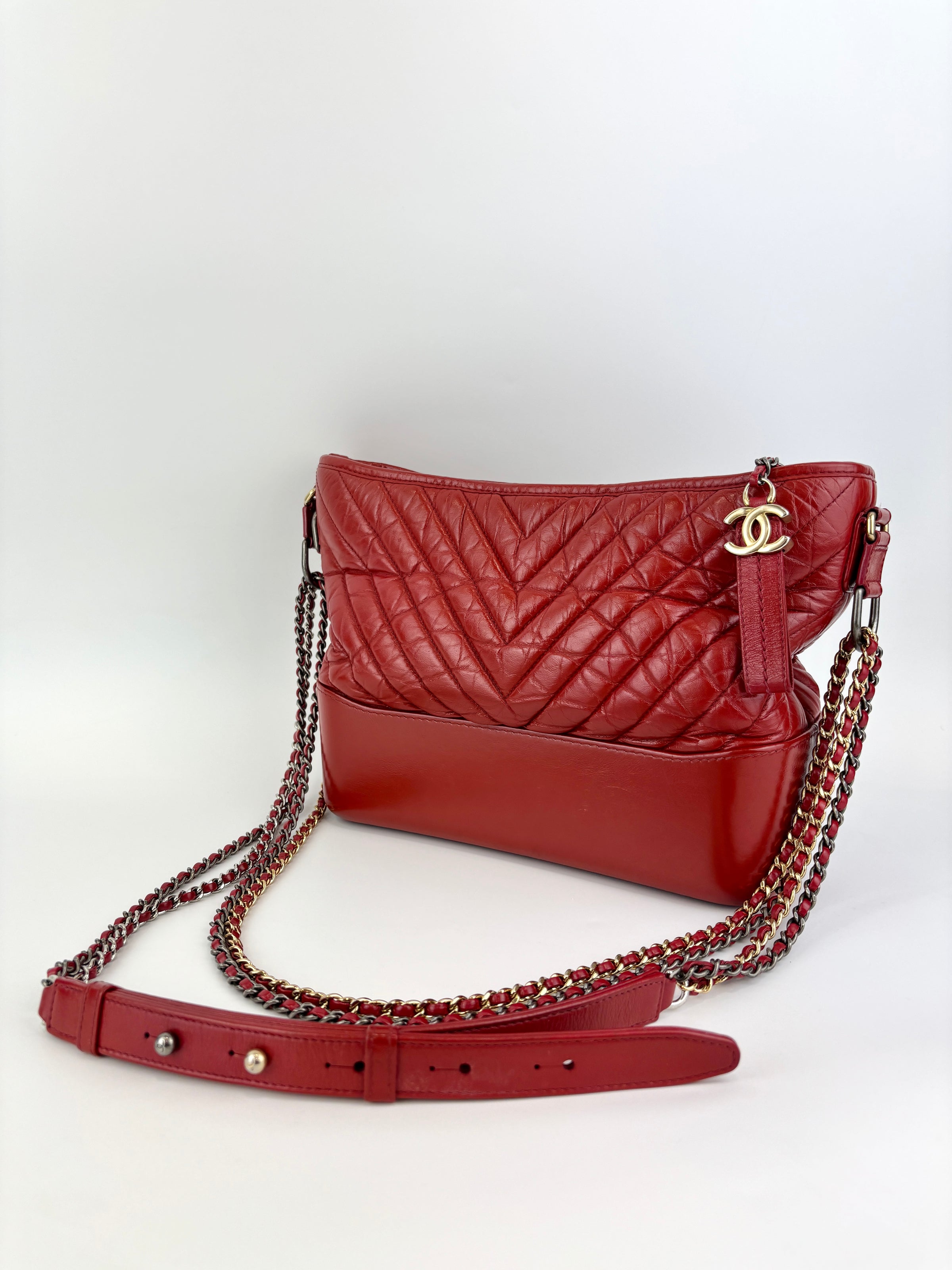Gabrielle Hobo Chevron Aged Calfskin Large in Red - Glampot