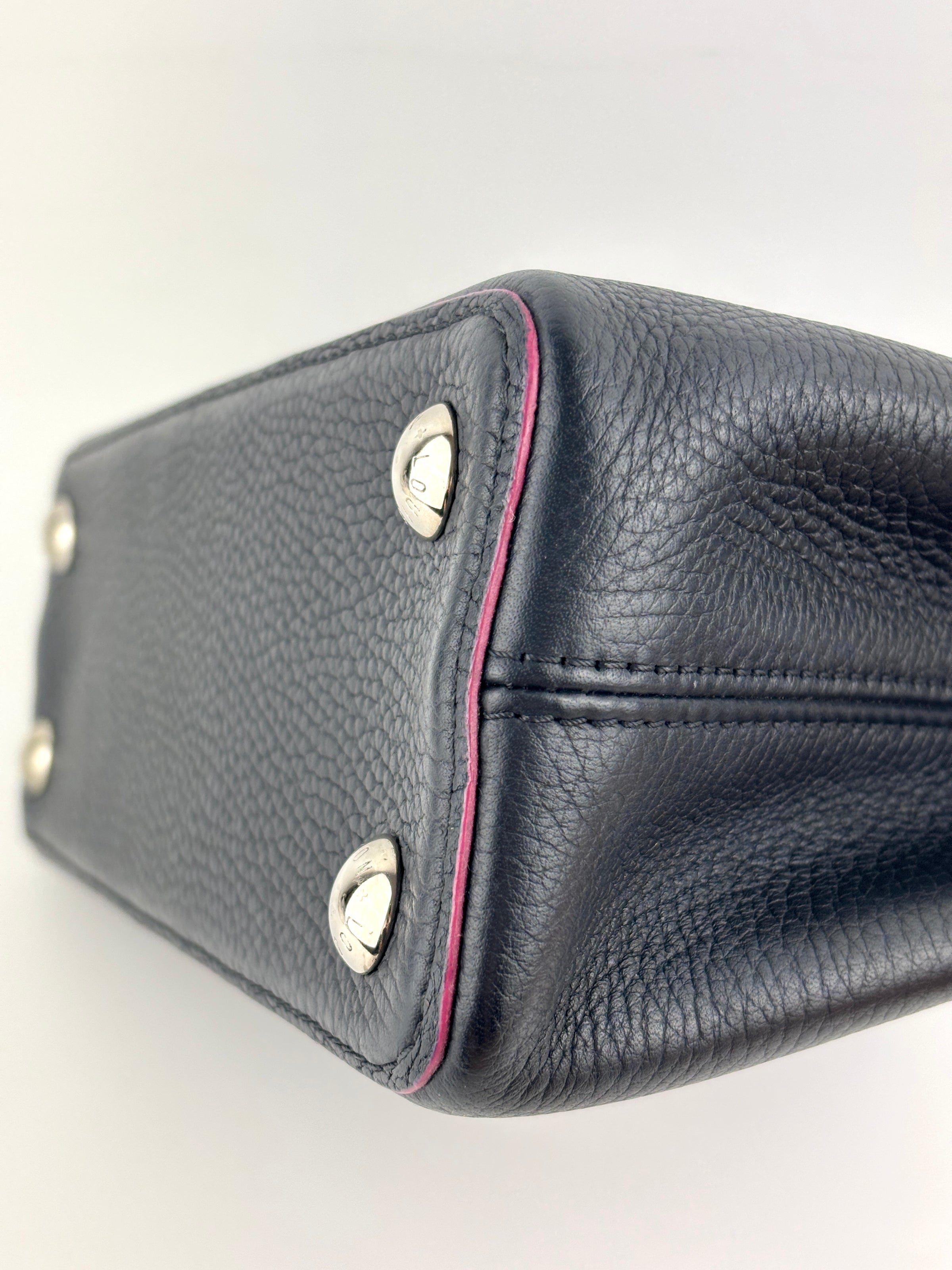 Capucines BB in Black Taurillon Leather/Fuschia SHW
