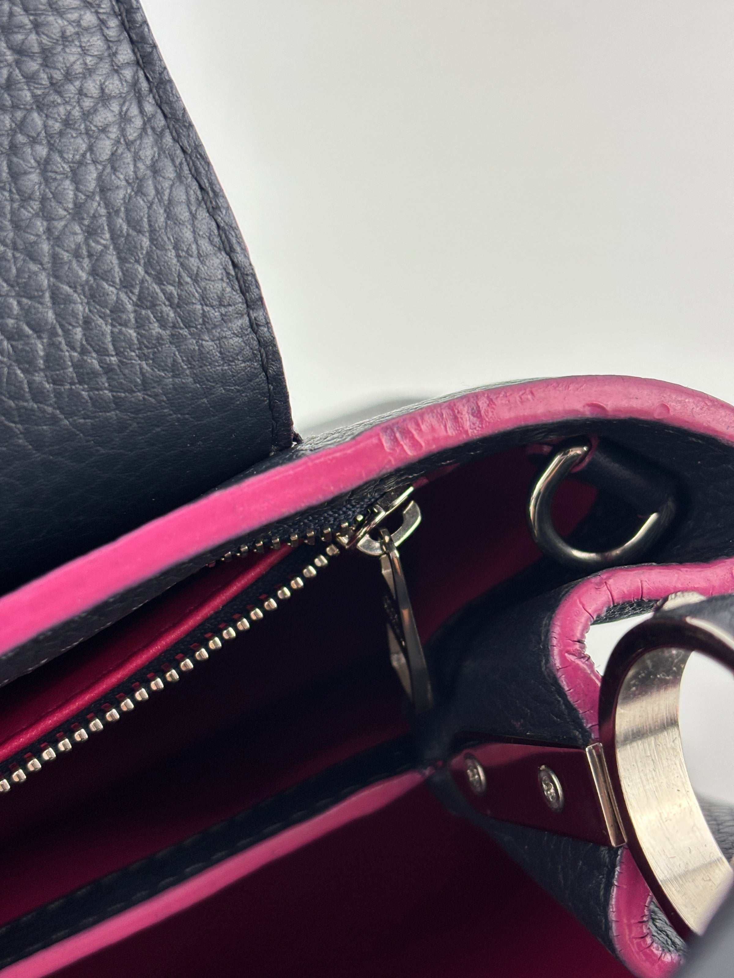 Capucines BB in Black Taurillon Leather/Fuschia SHW