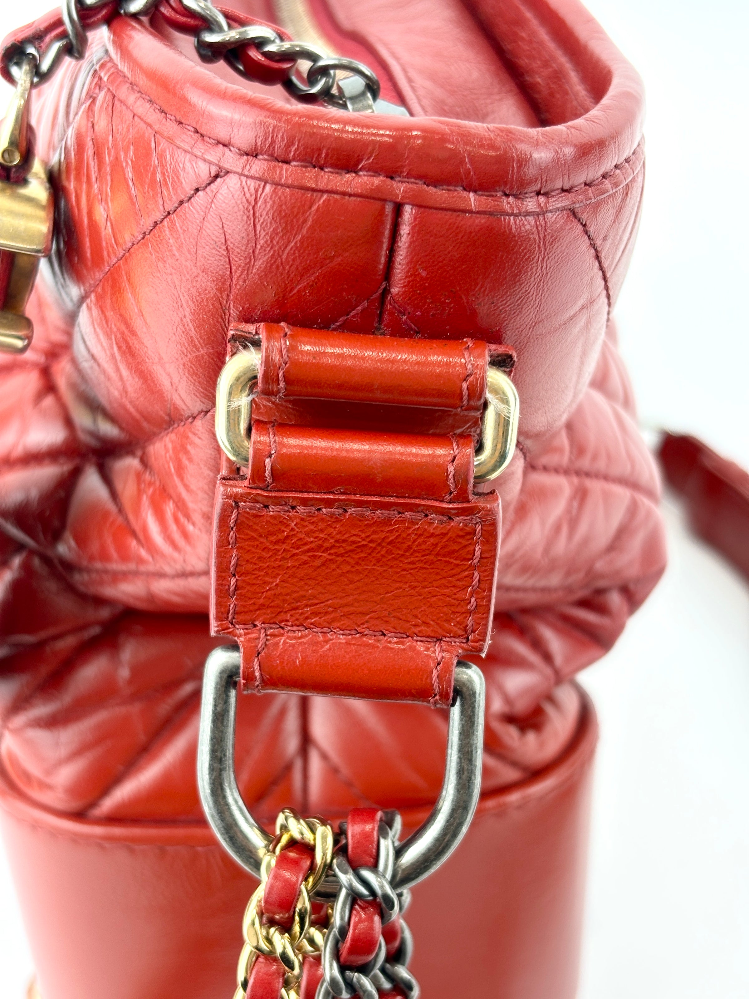 Gabrielle Hobo Chevron Aged Calfskin Large in Red - Glampot