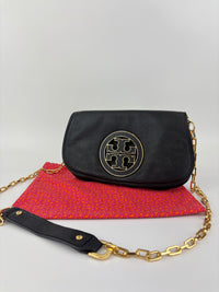 Tory Burch Amanda Logo Clutch Black Pebbled Leather with Chain